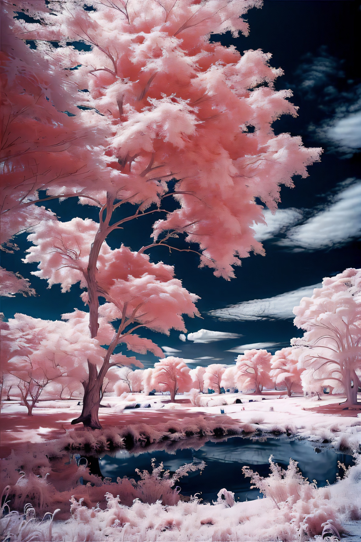 masterpiece,best quality,official art,extremely detailed,telephoto lens,no humans,tree,scenery,cloud,sky,outdoors,day,cherry blossoms,nature,water,grass,landscape,blue sky,reflection,cloudy sky,<lora:梦幻芳芳:1>,