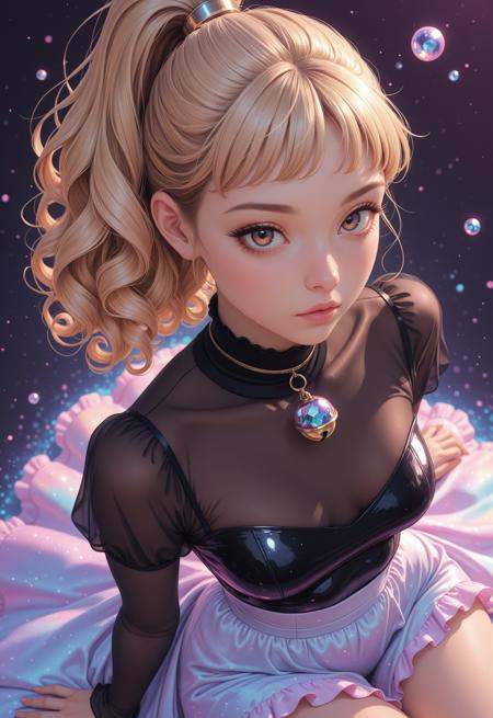 masterpiece, detailed_eyes, high_quality, best_quality, highres, absurdres, 8k, subject_focus, depth_of_field, PG,close_up, portrait, 1girl, woman, blonde_hair, brown_hair, curly_hair, ponytail, long_hair, hair_behind_ear, short bangs, mascara, long_lashes, sultry_gaze, small_waist, saggy_breasts, small_breasts, wide_hips, thick_thighs, slim, frilly_dress, turtleneck_dress, choker, bell, vaporwave_colors, Twilight clouds, kaleidoscopic fragments, kaleidoscopic_crystals, neon particles, black_background, flirty, suggestive_pose, side_view, high_angle, dynamic_view, summer_breeze,