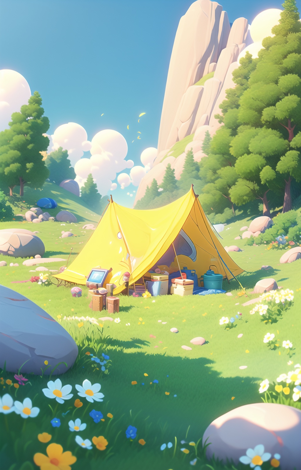 lvying1,outdoors,grass,scenery,flower,cloud,tree,sky,day,rock,hat,blue sky,nature,tent,<lora:vying1-000020:1>,