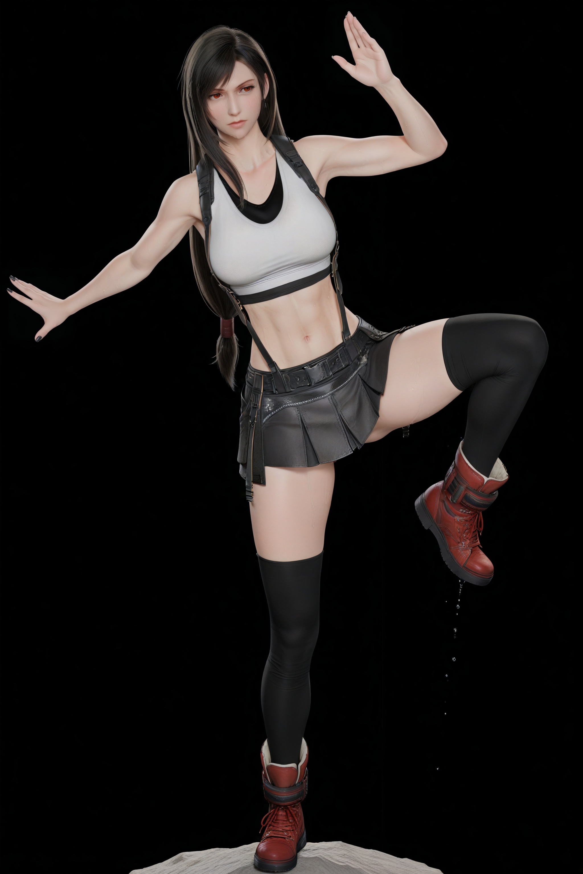 (score_9),shaded_face,jitome,collarbone,(glamor:1.1),narrow waist,<lora:Tifa_ill:0.85>,1girl,solo,tifa lockhart,long hair,black hair,amber eyes,red eyes,black undershirt,white **** top,crop top,suspenders,black skirt,suspender skirt,belt,miniskirt,combat boots,shorts,ankle_boots,thighhighs,black thighhighs,navel,groin,(mound_of_venus),toned body,athletic body,toned midriff,large breasts,black nails,(high_kick),feet_up,leg_up,fighting stance,(white_skin),(sweaty skin),(very sweaty),(pale_skin),(fair_skin),shiny wet,warm soft,high detail,soft pastel lighting,aesthetically pleasing,simple background,black background,