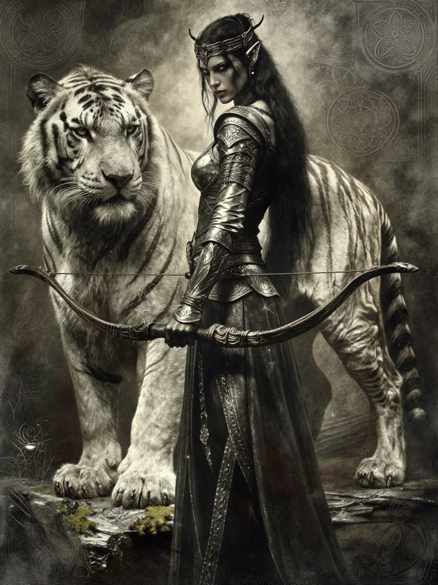 Bradhamel art style. In this hauntingly beautiful cinematic still,  an elf warrior with pointed ears and dark hair tied in...