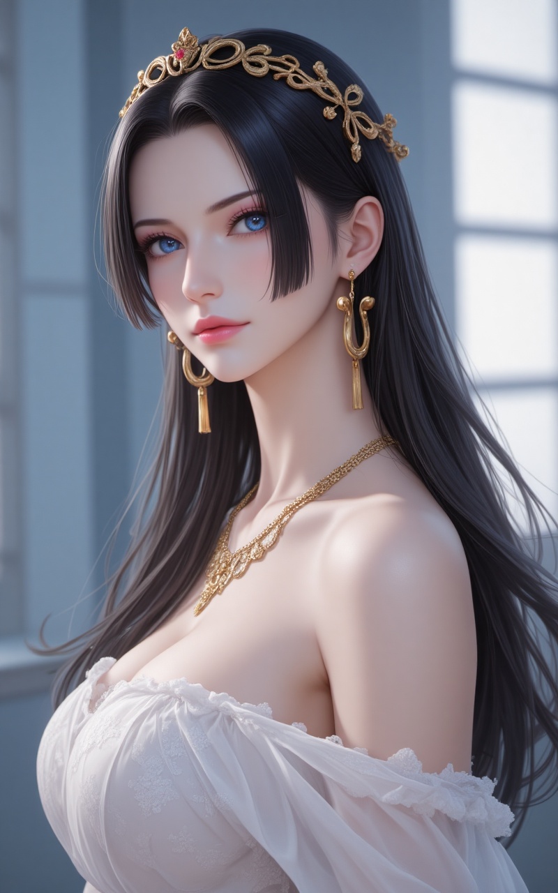 lvjing,black hair,long hair,fair_skin,blue eyes,jewelry,earrings,1girl,solo,dress,jewelry,earrings,white dress,looking at viewer,bare shoulders,upper body,indoors,blurry background,hair ornament,blurry,window,necklace,realistic,cover,simple background,gradient background,close-up details,outstanding style,(baoshi),adding a touch of dimension to your images without compromising details,close-up,