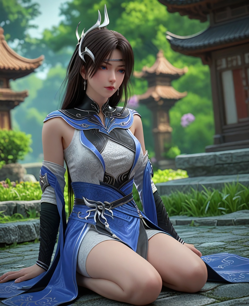 (oriental architecture, elegant decor, sophisticated style:1.1),(Kneeling, one hand on the ground, looking forward,:1.1),(breasts:1.2),<lora:XL百炼成神裴芸:0.95>,miss peiyun,black hair,long hair,jewelry,earrings,blue eyes,hair ornament,detached sleeves,dress,breasts,bare shoulders,circlet,mole under eye,sash,, zPDXL2, score_9, score_8_up, score_7_up BREAK realistic, masterpiece,best quality, highly detailed,, zPDXL3, zPDXL2,zPDXL, zPDXLxxx, zPDXLrl,