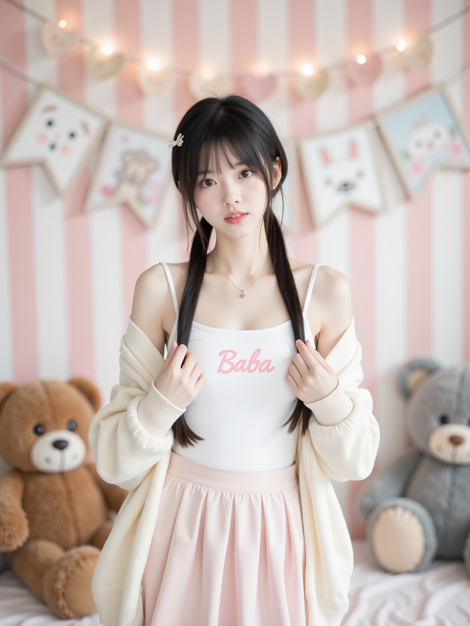 photo of a young Asian woman in a cute, cozy room, taken with a DSLR camera, likely a Canon EOS 5D Mark IV, f/2.8, 1/60s, ISO 400, shallow depth of field with background slightly blurred. She has long, straight black hair styled in two low pigtails, and a small white bow on the left side. She has a fair skin tone, delicate features, and a slender build. She's wearing a white, fitted **** top with \"Baba\" written in pink cursive letters, and a loose cream-colored cardigan. Her skirt is a soft pastel pink, high-waisted, and slightly flared. She accessorizes with a delicate necklace and a pair of stud earrings. Behind her, there's a pink and white striped wall, a banner with \"Baba\" and animal illustrations, and a couple of large stuffed animals on the sides, one is a brown teddy bear, the other a grey teddy bear. The room has a warm, inviting atmosphere with soft lighting. The image has a soft, dreamy quality, suitable for a kawaii (cute) aesthetic. The woman has a neutral expression and is posing with her hands near her shoulders. The overall scene is cheerful and endearing, with a focus on cuteness and comfort.<lora:小红书顶流嫩妹脸模FLUX:1>