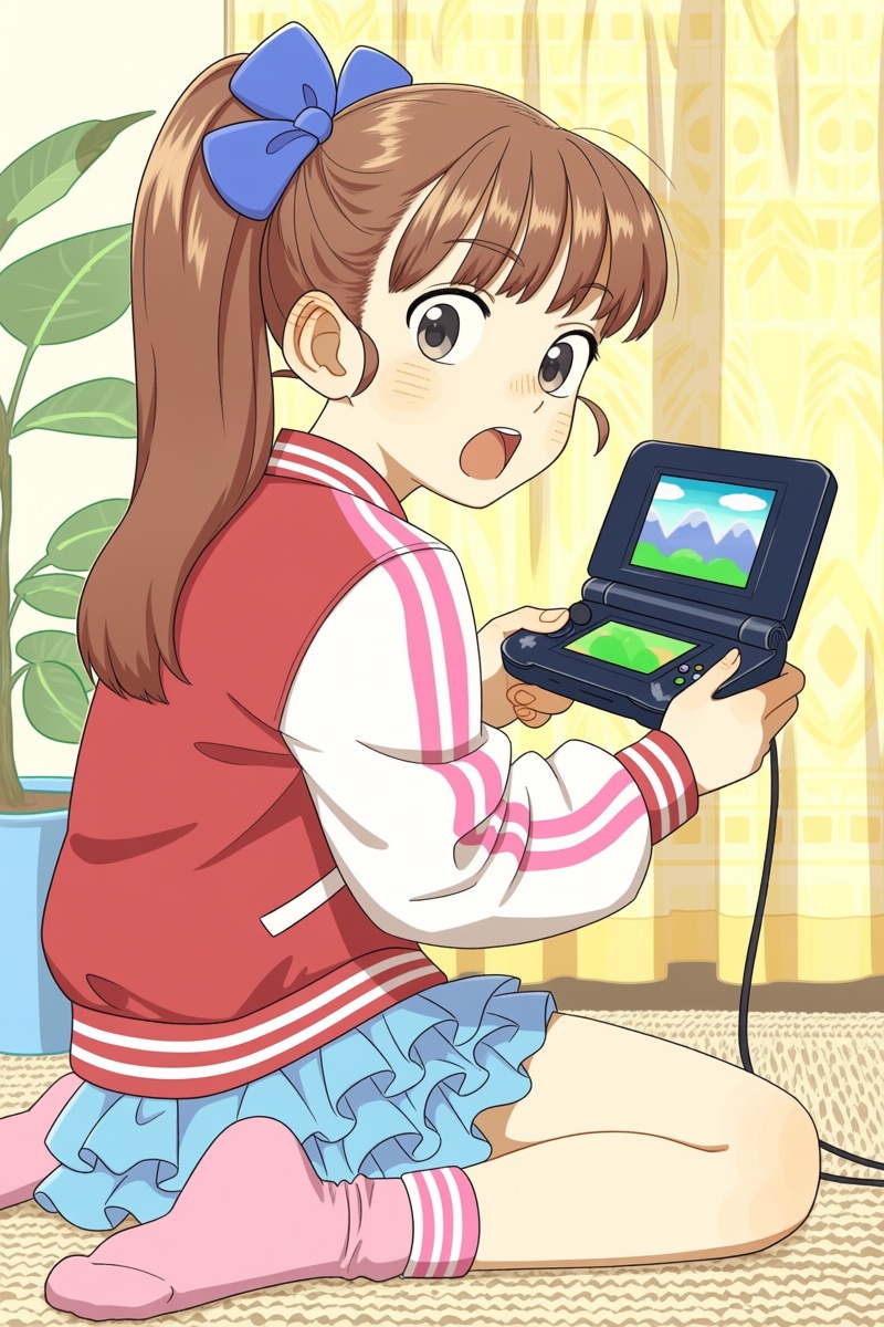 @nnsst,  A young girl with long brown hair tied in a high ponytail,  wearing two blue and one pink bow on her head on Tens...