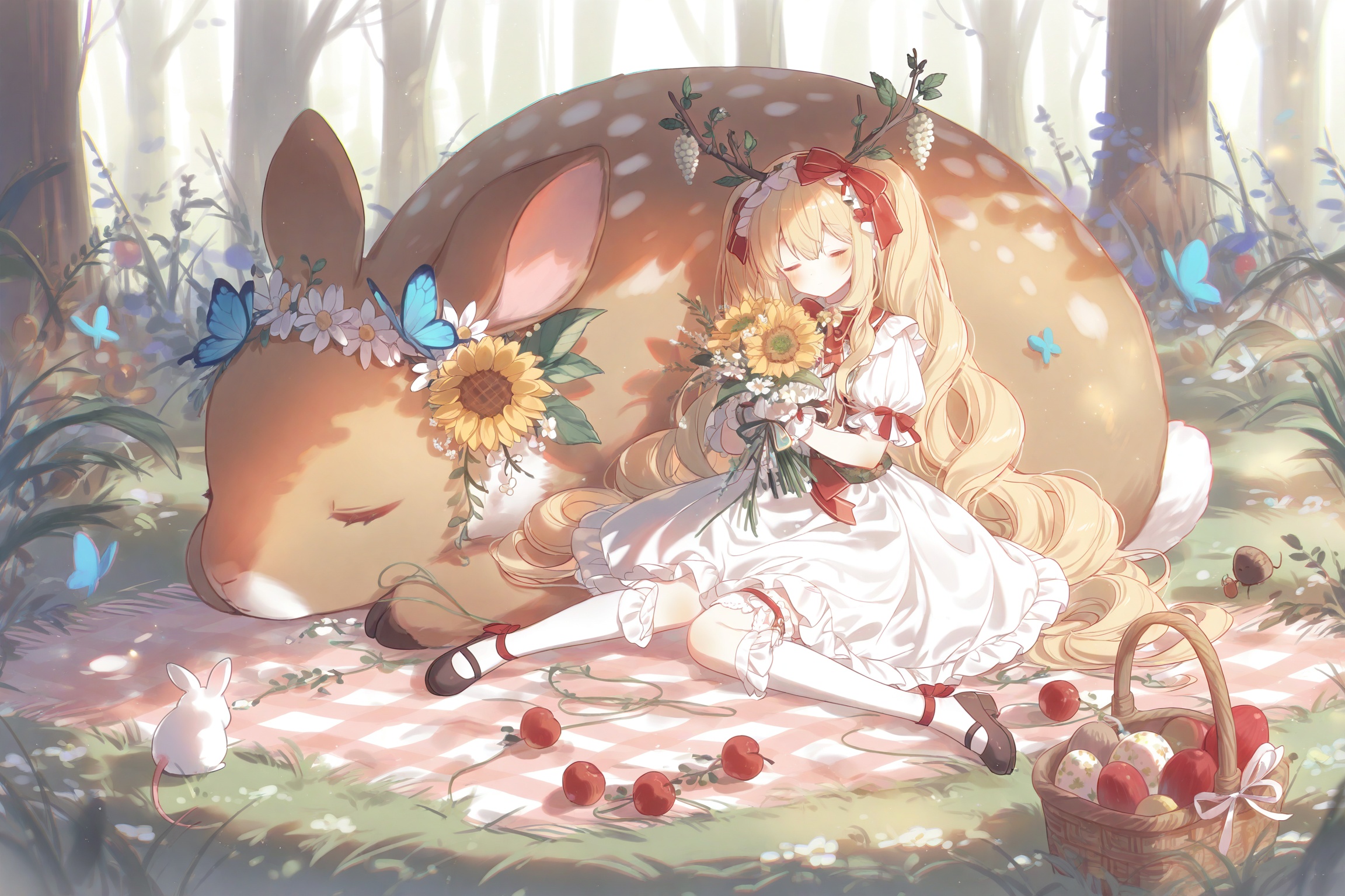 1girl,bug,flower,butterfly,rabbit,basket,apple,grass,blue butterfly,long hair,blonde hair,solo,fruit,dress,mushroom,socks,closed eyes,hair flower,bouquet,white socks,animal,sleeping,holding,nature,hair ornament,ribbon,food,outdoors,frills,white dress,yellow flower,horns,holding bouquet,white gloves,kneehighs,on grass,white flower,gloves,frilled dress,holding flower,antlers,forest,squirrel,black footwear,very long hair,frilled socks,full body,twintails,shoes,sitting,bow,berry,red ribbon,rose,short sleeves,blue flower,sheep,curly hair,black flower,on ground,animal ears,oversized animal,wrist cuffs,closed mouth,mouse,single sock,easter egg,plant,footwear bow,sunflower,high heels,day,smile,thighhighs,wavy hair,chromatic aberration,tree,egg,yarn ball,looking at viewer,blurry,deer,red apple,strawberry,hair ribbon,eyelashes,tulip,hair between eyes,braid,black bow,bridal garter,mary janes,asymmetrical legwear,head wreath,bread,black ribbon,blurry foreground,single kneehigh,oversized object,yarn,facing viewer,white thighhighs,leaf,acorn,yellow eyes,blush,daisy,grapes,picnic basket,red bow,cat,<lora:lp22New-000055:0.9>,