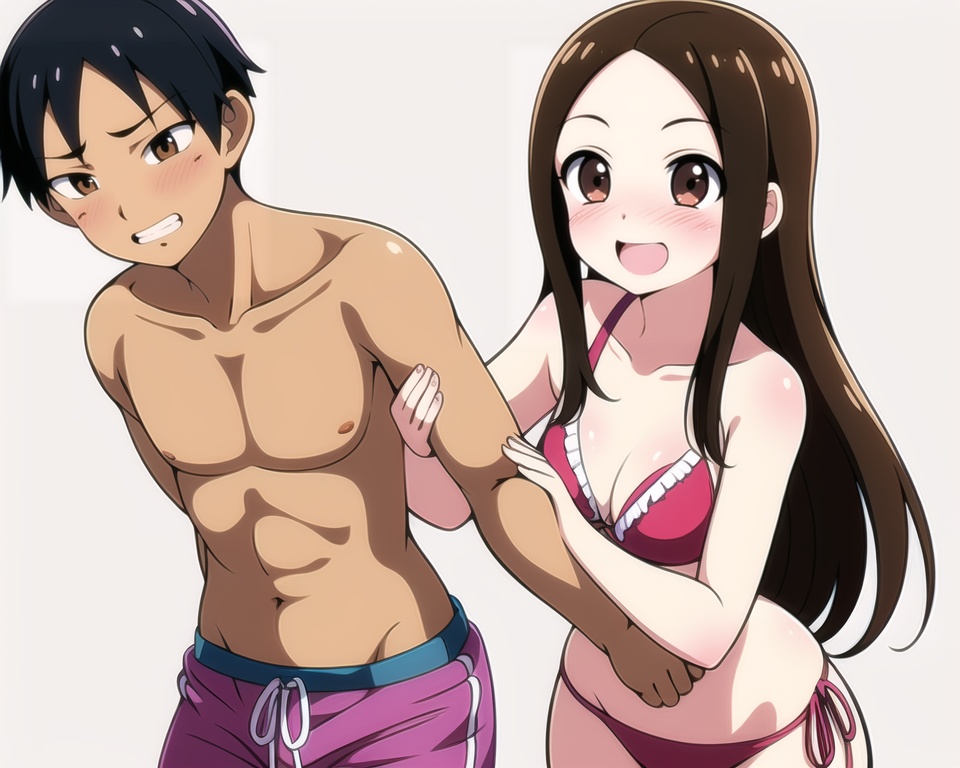 (best quality), ((masterpiece)), (highres), illustration, original, extremely detailed,  <lora:yongyiduoren:0.8>yyds, 1girl, swimsuit, bikini, 1boy, brown hair, brown eyes, blush, navel, takagi-san, pink bikini, long hair, smile, bangs, arm hug, frills, frilled bikini, bare shoulders, collarbone, side-tie bikini bottom, red bikini, forehead, grin, parted bangs, bare arms, male swimwear, open mouth, swim trunks, white background, nose blush, black hair, simple background, teeth