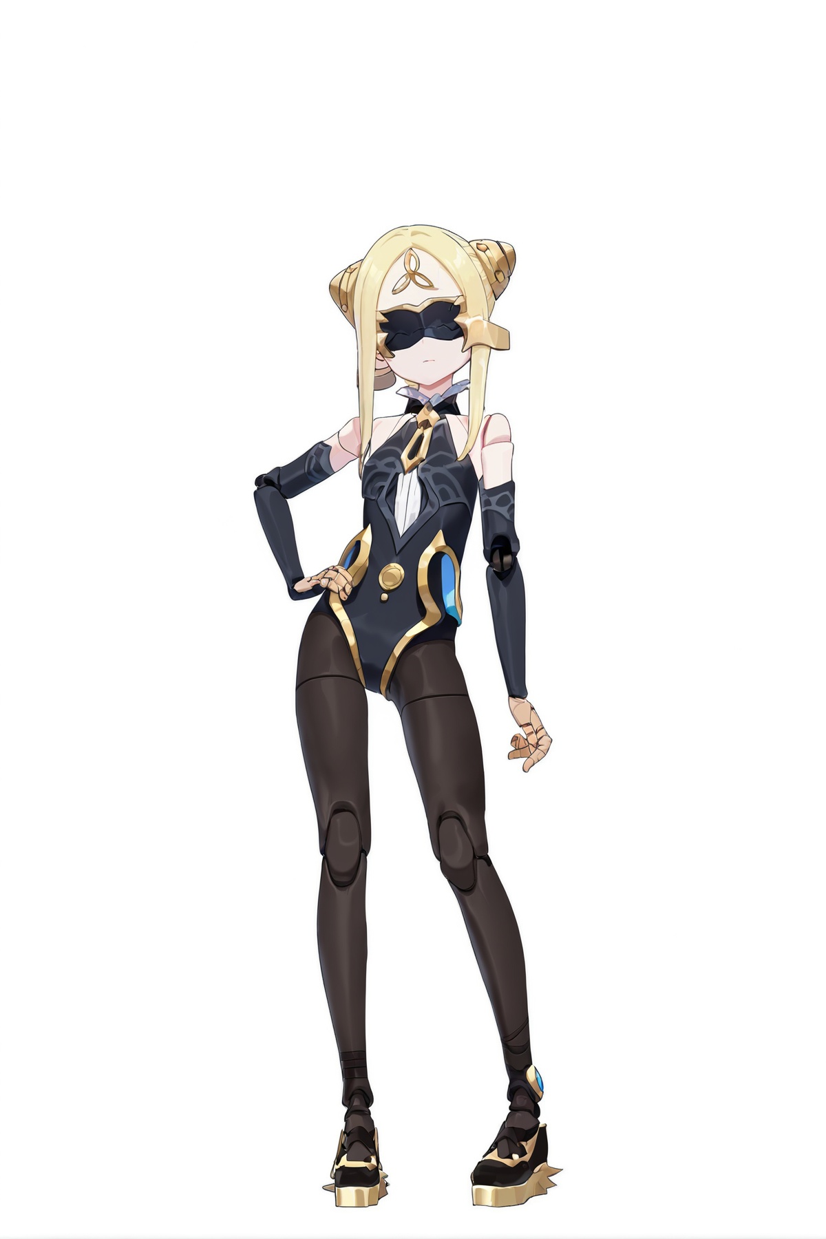 score_9, score_8_up, score_7_up, score_anime, 8k, best quality, masterpiece, (ultra-detailed), (white background,simple background:1.3), solo, hands on hip, (full body:1.1), looking at viewer, <lora:qianren-pony-Tanger:0.8>, qianren, qianren's def clothes, 1girl, blindfold, blonde hair, pantyhose, bodysuit, joints, black shoes, 
