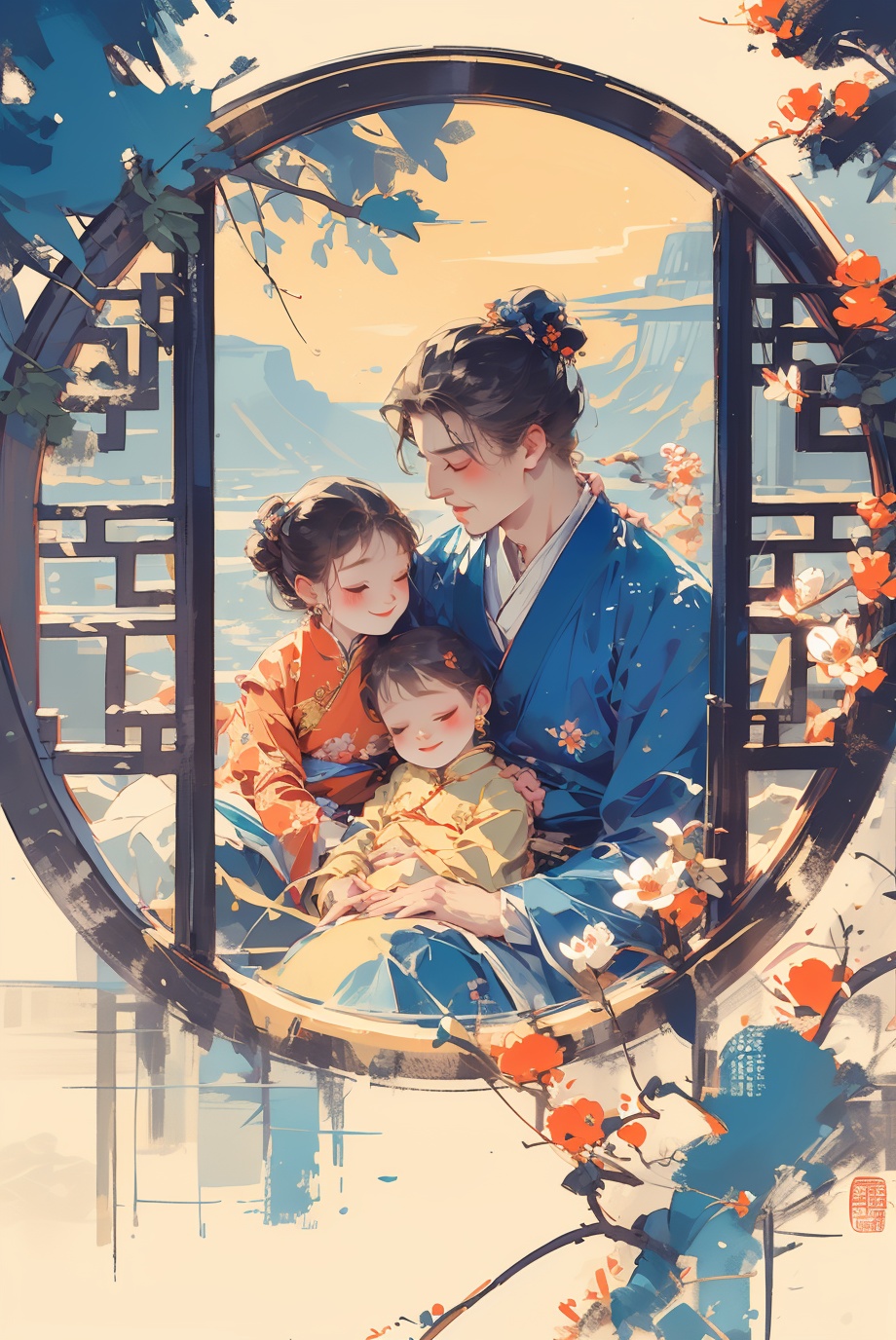 masterpiece,best quality,family,2boy,1girl,1kid,window,mountain,flower,chinese clothes,<lora:tuanyuan_20240304140852:1>,