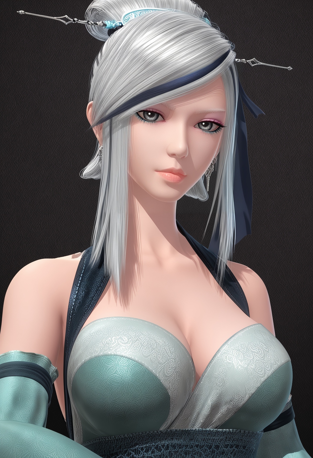 score_9,looking_at_viewer,upper body,(large breasts:0.8),xiaomeng,1girl,solo,white hair,hair ornament,bare shoulders,grey eyes,lips,single hair bun,dress,earrings,cleavage,jewelry,detached sleeves,streaked hair,hair stick,makeup,wide sleeves,high heels,(simple background,pure black background,black background:1.1),perfect_anatomy,<lora:QQSponyxiaomengV1:0.8>,