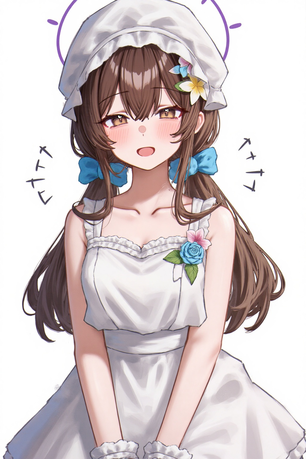anon, 1girl, solo, smile, looking at viewer, dress, bonnet, long hair, white background, twintails, blush, simple background, brown hair, flower, open mouth, hair ornament, low twintails, white dress, hair between eyes, blue flower, rose, scrunchie, bare shoulders, sleeveless, ribbon, bow, blue rose, sleeveless dress