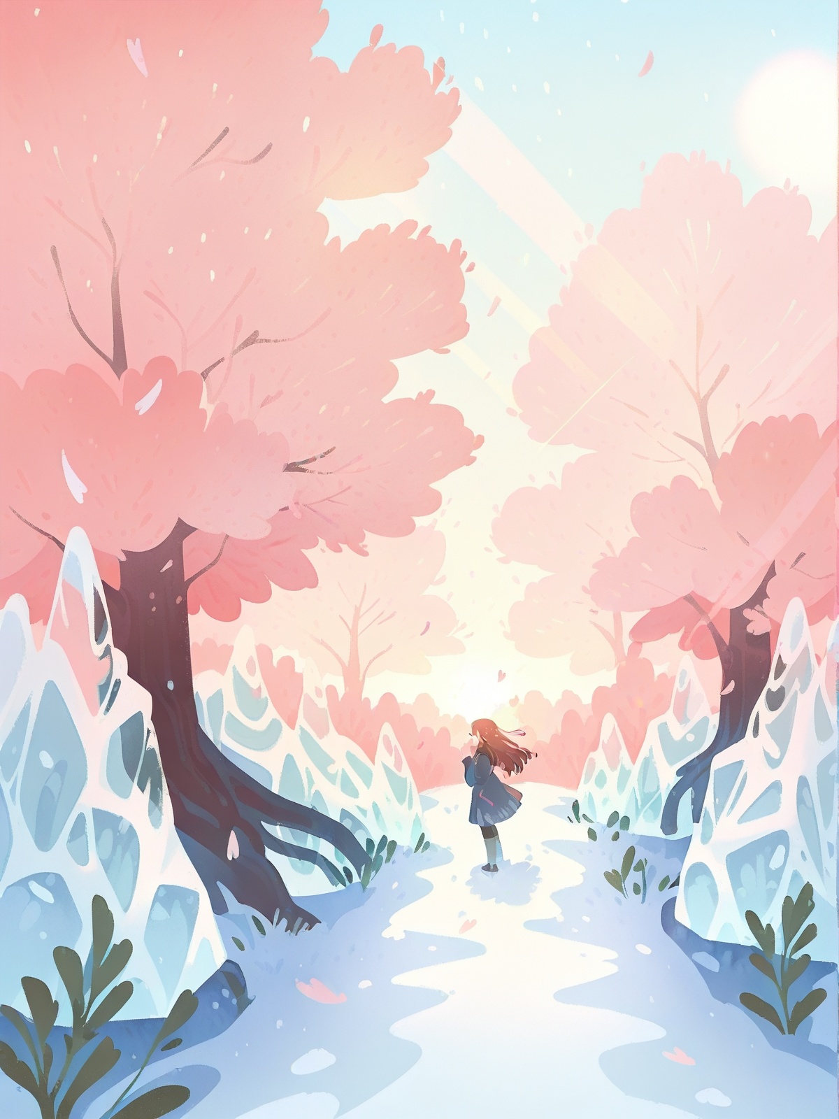 ke1ko,  frozen ice cave with translucent walls,  early spring with budding leaves on Tensor.Art