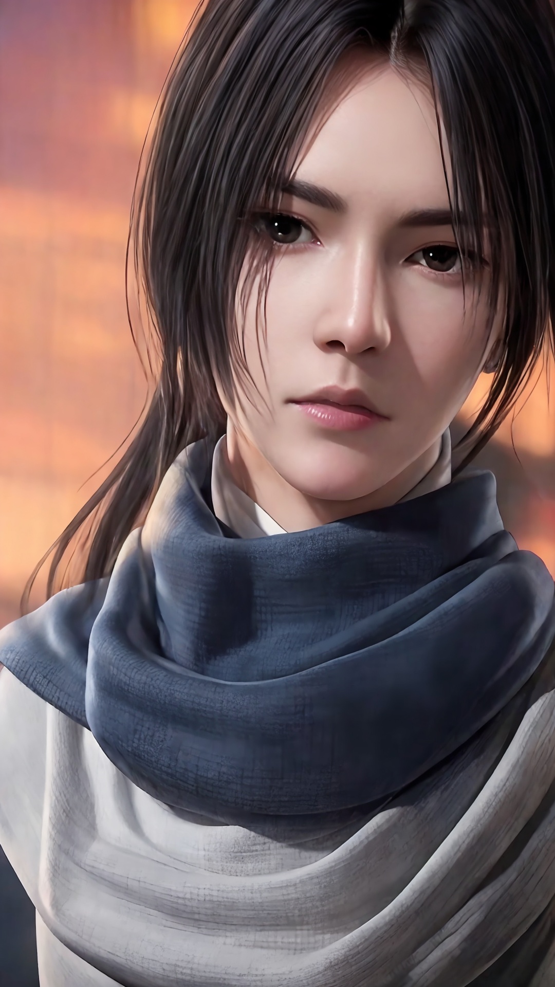 solo,black hair,scarf,male focus,1boy,looking at viewer,black eyes,realistic,lips,closed mouth,<lora:Ge Nie man Boy Handsome boy swordsman_20240829181204:0.8>,bust,mid_shot,