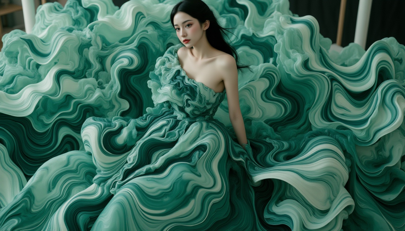<lora:FL-bailing-24-0913ethereal flow10p:0.9>,bailing_ethereal_flow,ethereal harmony,the marbled dress blends in with the background,realistic,halter_dress,darkgreen,