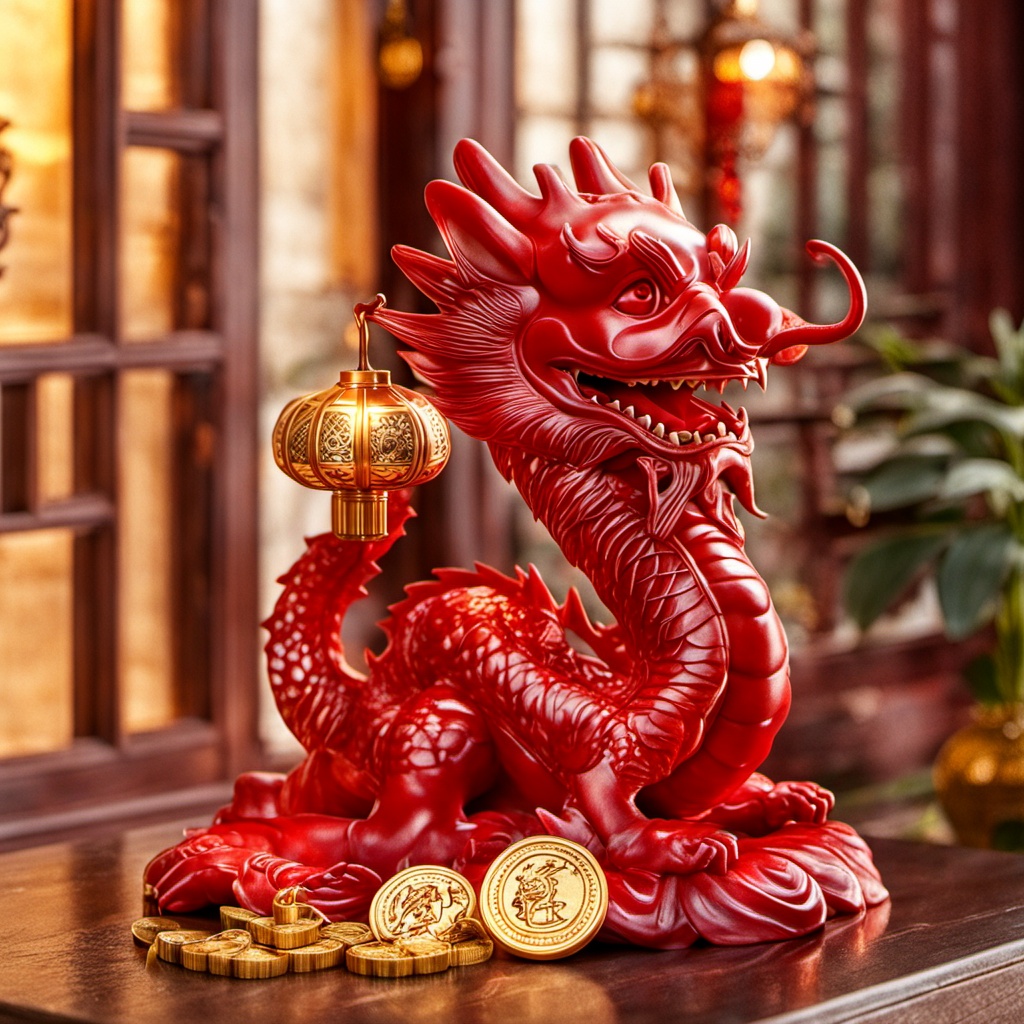 There is a red dragon on the mahogany table, with a golden lantern hanging from its teeth and gold coins as a backdrop. The background is a vintage double window with green plants,<lora:---long-XL>,