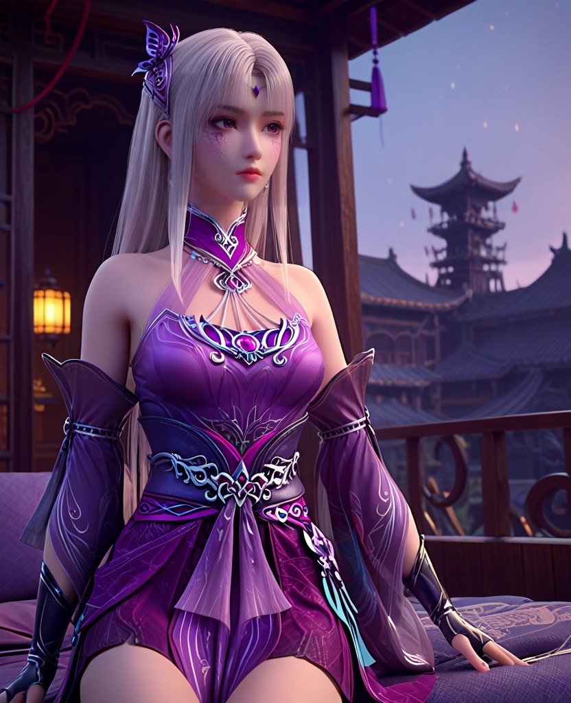 (oriental architecture, elegant decor, sophisticated style:1.1),(looking away:1.1),(breasts:1.2),<lora:XL斗破苍穹小医仙P:0.95>,elder sister,purple dress,white hair,bangs,hair ornament,bare shoulders,brown eyes,purple veil,jewelry,fingerless gloves,blue footwear,sash,cracked skin,purple eyes,, score_9,score_8_up,score_7_up,score_6_up,score_5_up,score_4_up,3d rendering,tag1,tag2, Cinematic Lighting,backlighting,