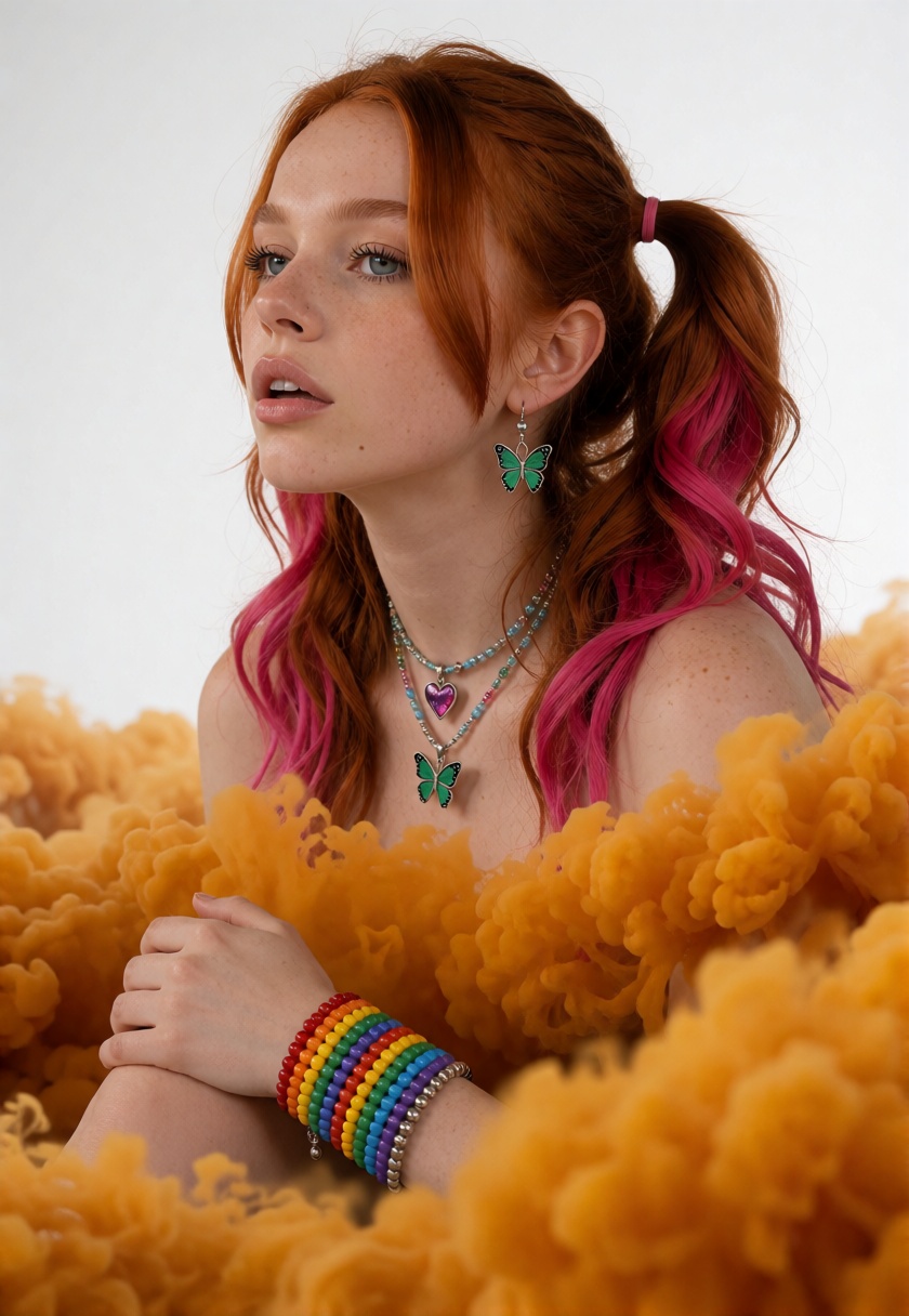 RoseX,  blue-green eyes,  auburn-red hair styled in twin pigtails on Tensor.Art