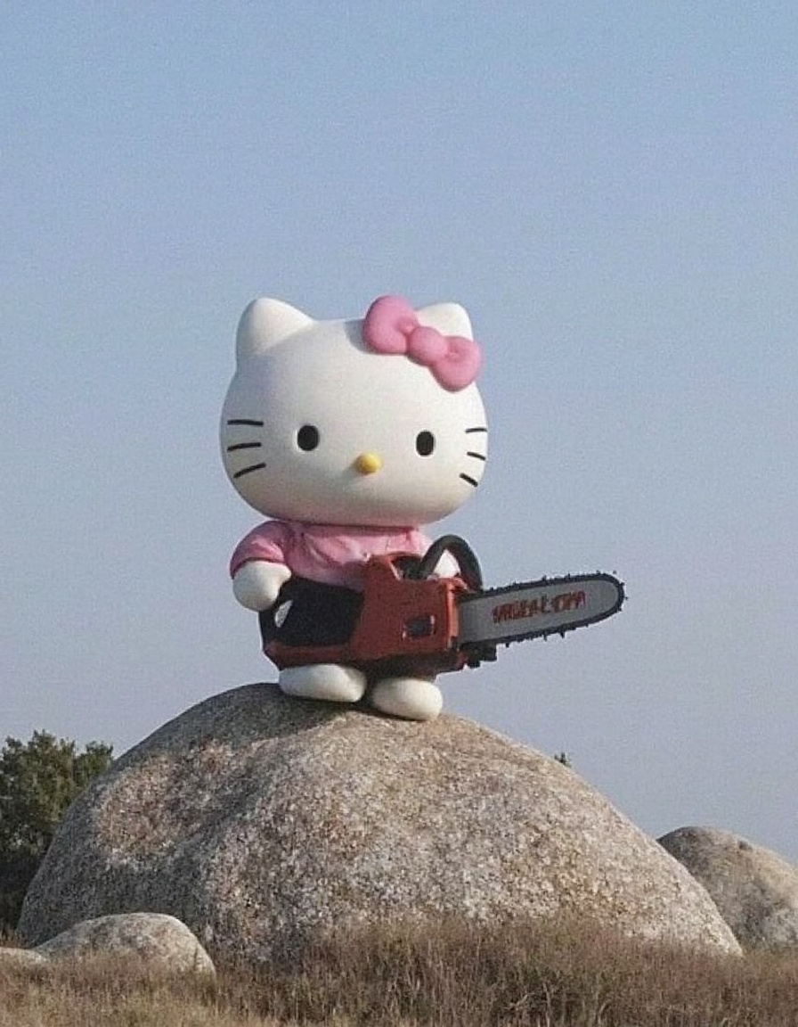 hellokitty is holding a chainsaw on a giant rock,<lora:majichorror_flux:1>,