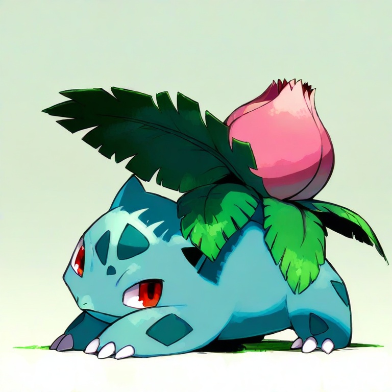 masterpiece,ivysaur,best quality,feral,bud,a pink bud on the back,red eyes,green body,full body,simple background,(Green leaves on the back:0.8),(vines:0.7),3 toes,pokemon \(creature\),<lora:ivysaur XL:1>,