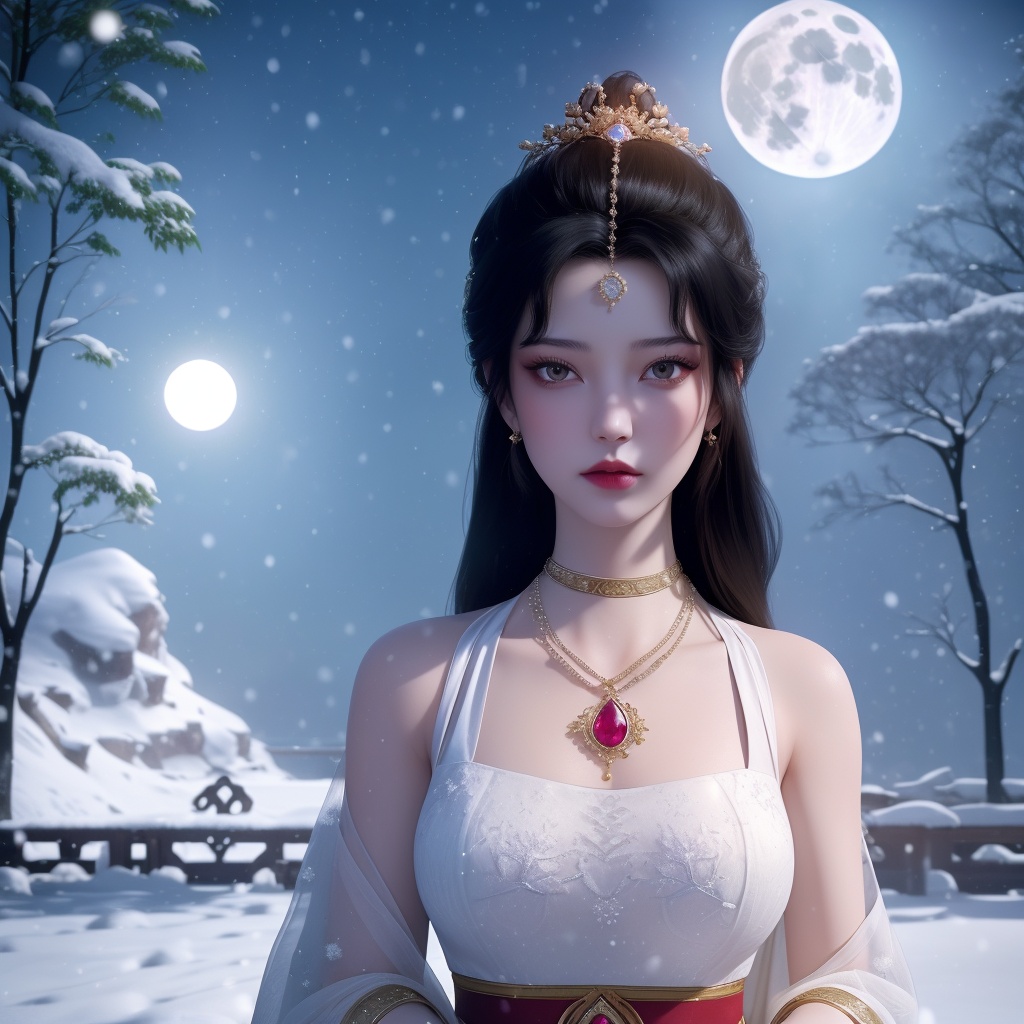 <lora:763-DA-仙逆-墨云:0.8>, (,1girl, ,best quality, ),looking at viewer,  ultra realistic 8k cg, picture-perfect face,   clean, masterpiece,     cinematic lighting, cinematic bloom, fantasy,  , unreal, science fiction, ((,1girl, pov,))(((,tree, 1girl, full moon,snowing,snow ,solo,     solo focus,  long_hair, looking_at_viewer,  )))  (rich:1.4,)     prestige, luxury, jewelry, diamond, gold, pearl, gem, sapphire, ruby, emerald, intricate detail, delicate pattern, charming, alluring, seductive, erotic, enchanting, hair ornament, necklace, earrings, bracelet, ,