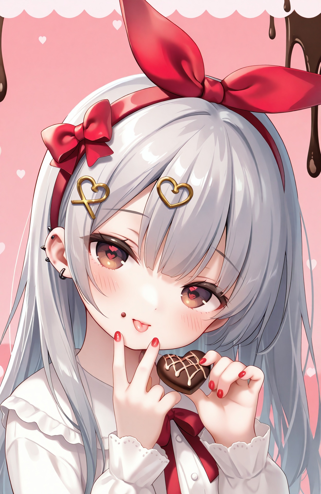 masterpiece,absurdres,best quality,petite,high quality,chromatic_aberration,loli,//,1girl,solo,long hair,looking at viewer,blush,bangs,hair ornament,long sleeves,bow,ribbon,holding,brown eyes,jewelry,closed mouth,upper body,hair bow,grey hair,heart,hairband,food,tongue,tongue out,nail polish,red bow,red ribbon,head tilt,symbol-shaped pupils,hands up,eating,piercing,holding food,x hair ornament,ear piercing,candy,red nails,chocolate,valentine,heart hair ornament,red hairband,food on face,