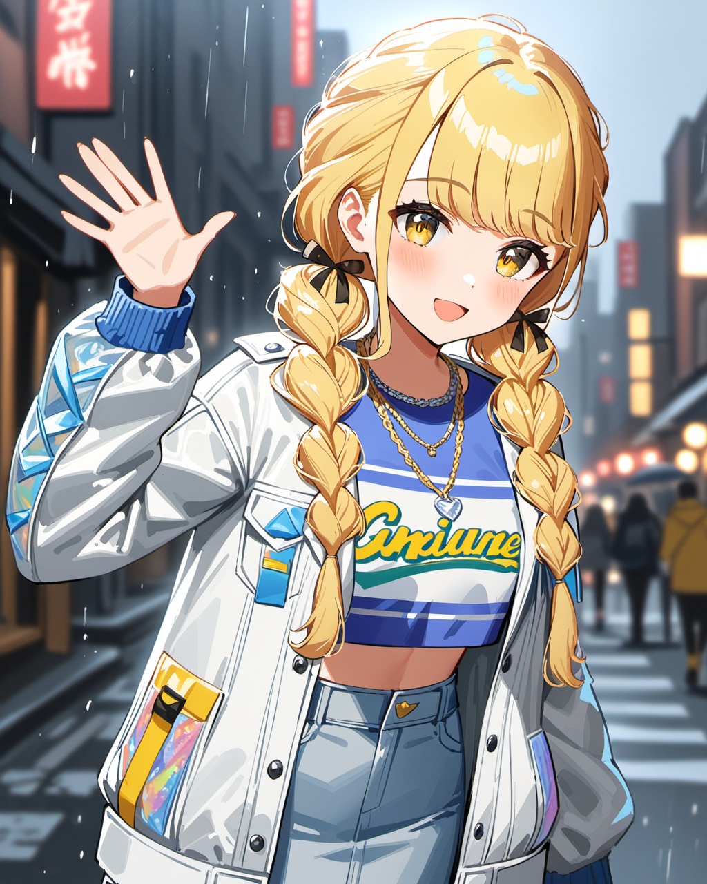 (impasto),best quality,masterpiece,highres,<lora:gakuenidolmaster1-A3:0.6>,kotone fujita,kotone two,1girl,(white jacket),jewelry,necklace,crop top,blue shirt,pencil skirt,grey skirt,yellow footwear,blonde hair,braid,midriff,twin braids,clothes writing,rainbow pocket,see-through sleeves,boots,yellow eyes,open jacket,open clothes,looking at viewer,low twintails,blush,closed mouth,purple skirt,long sleeves,outdoor,city,rainning,waving,:d,upper body,looking at viewer,((blurry foreground,flowers,blue sleeves)),Cinematic Lighting,moody lighting,Volumetric Lighting,cinematic_angle,dynamic_angle,
