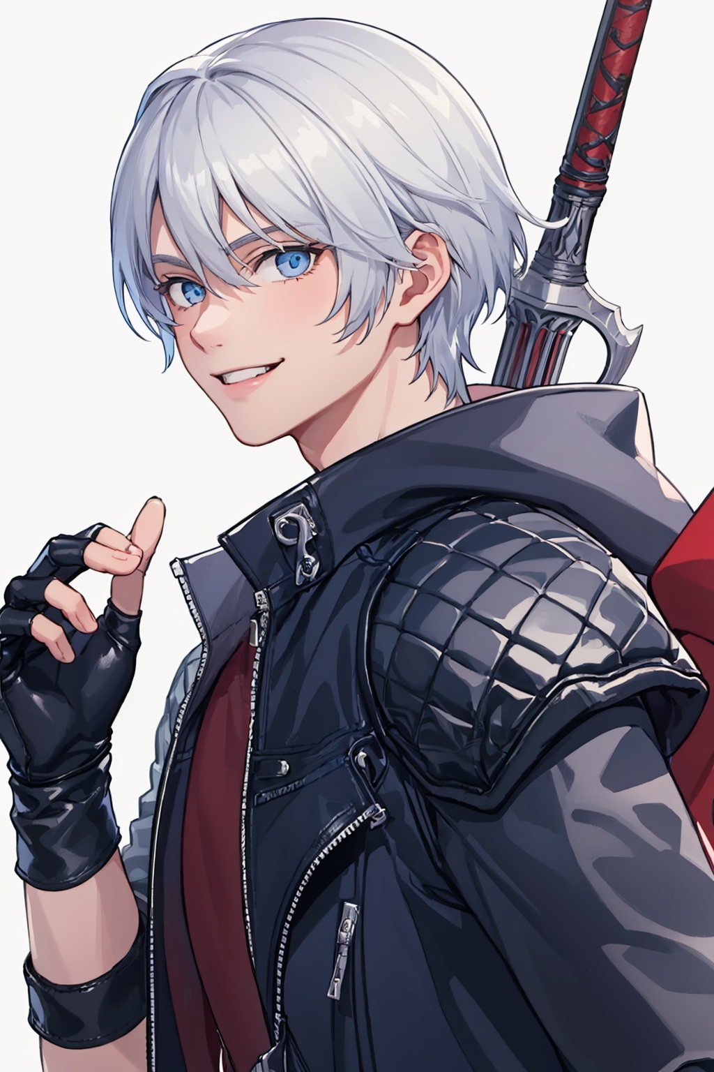masterpiece,best quality, highly detailed, 1boy,male focus,nero (devil may cry),simple background,white background,black gloves,fingerless gloves,blue coat,looking at viewer,solo,sword,black coat,red shirt,smile,teeth,upper body,<lora:nero_(devil_may_cry):1>