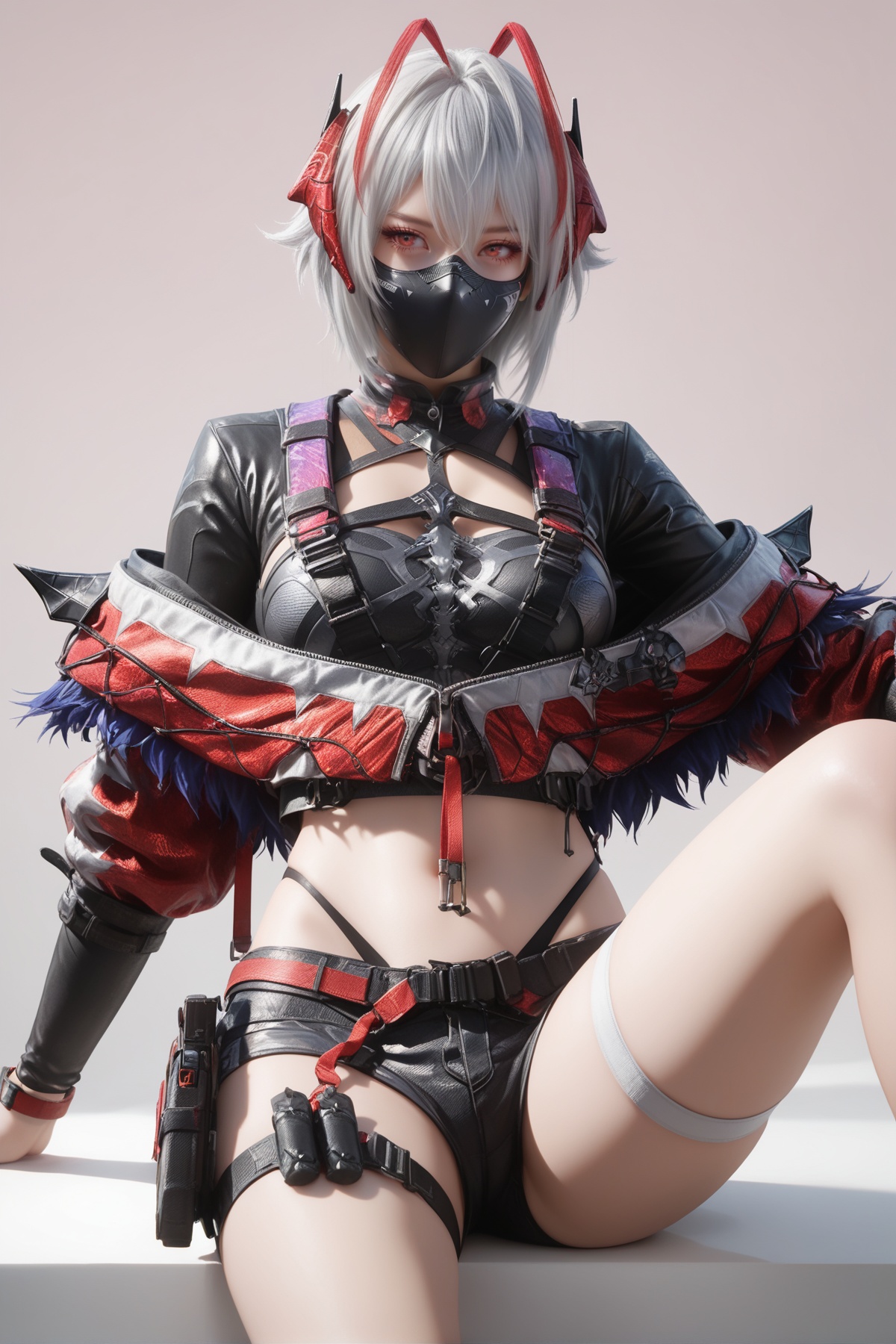 masterpiece,best quality,realistic,cinematic,detail eyes,(ultra-detailed),perfect composition,intricate details,absurdres,detailed face,high quality,high res,8K,1girl,breast,medium breast,hair_ornament,red eyes,grey hair,multicolored_hair,<lora:X_weishidaier_IL3.0:0.8>,thigh strap,horns,mask,short hair,jacket,shorts,black shorts,shirt,midriff,off shoulder,black jacket,mouth mask,underwear,buckle,antenna hair,short shorts,panties,black shirt,crop top,highleg,white hair,open jacket,red hair,antennae,belt buckle,open clothes,alternate costume,red horns,long sleeves,cropped jacket,black mask,thigh pouch,highleg panties,breasts,thighs,hair between eyes,simple background,sitting,