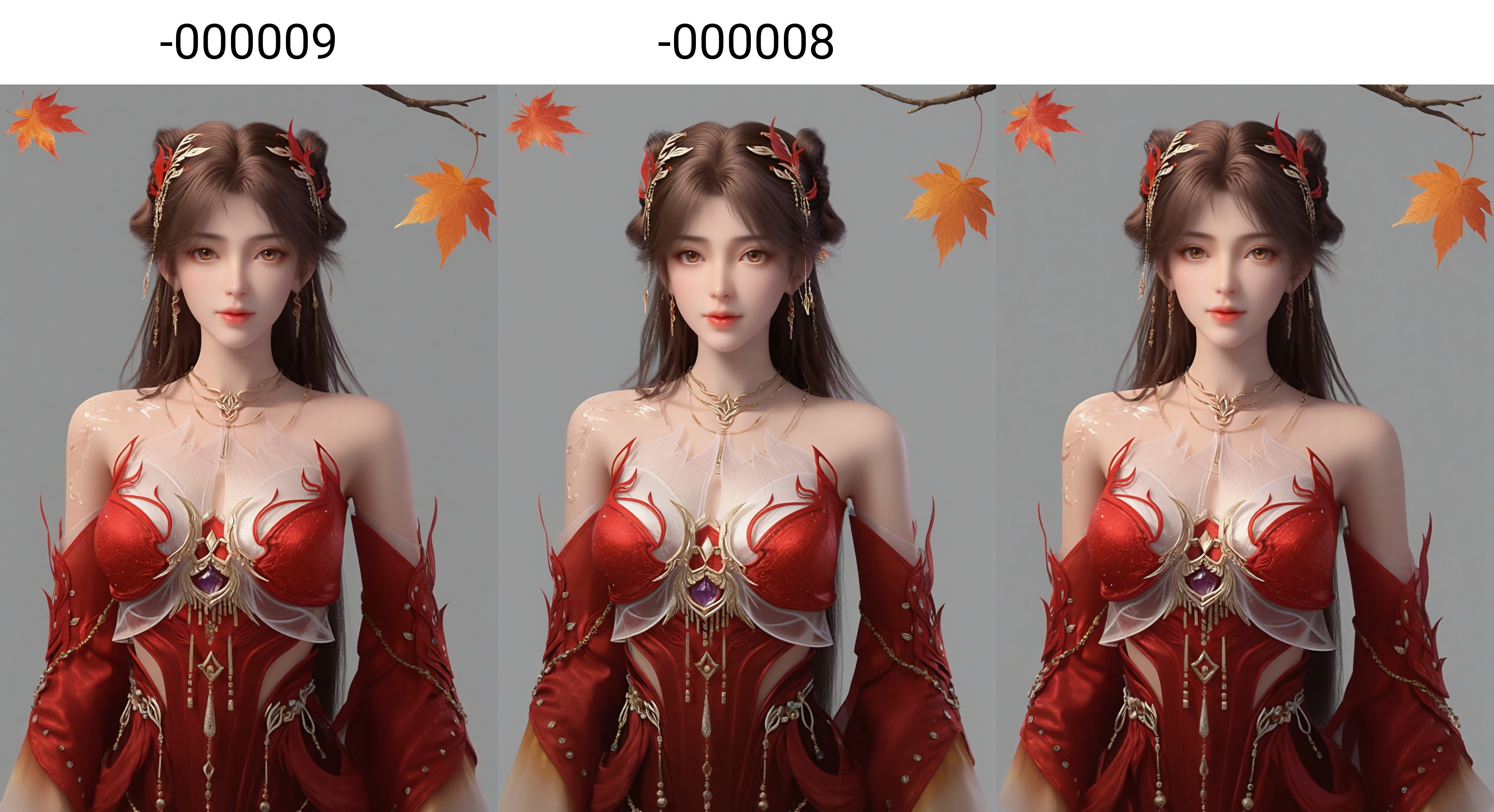 (score_9),<lora:火灵儿天神-apony-000009:0.83>,huolinger,1girl,solo,long hair,brown hair,brown eyes,jewelry,hair ornament,necklace,red dress,earrings,detached sleeves,clothing cutout,gold accents,front view,looking at viewer,light blush,cowboy shot,hand_gesture,(middle_finger:1.2),BREAK<lora:Expressive_H-000001:0.8>,collarbone,(glamor:1.2),(mature_female),large breasts,pointy breasts,puffy breasts,<lora:e肤色滑块:0.35>,fair_skin,(white_skin),(Ivory_skin),BREAK<lora:SDS-XL泛光调节器_v1.0:1.2>,simple background,grey background,in autumn,grove,(maple_tree),(maple_leaf),leaf,autumn leaves,falling leaves,branch,twig,