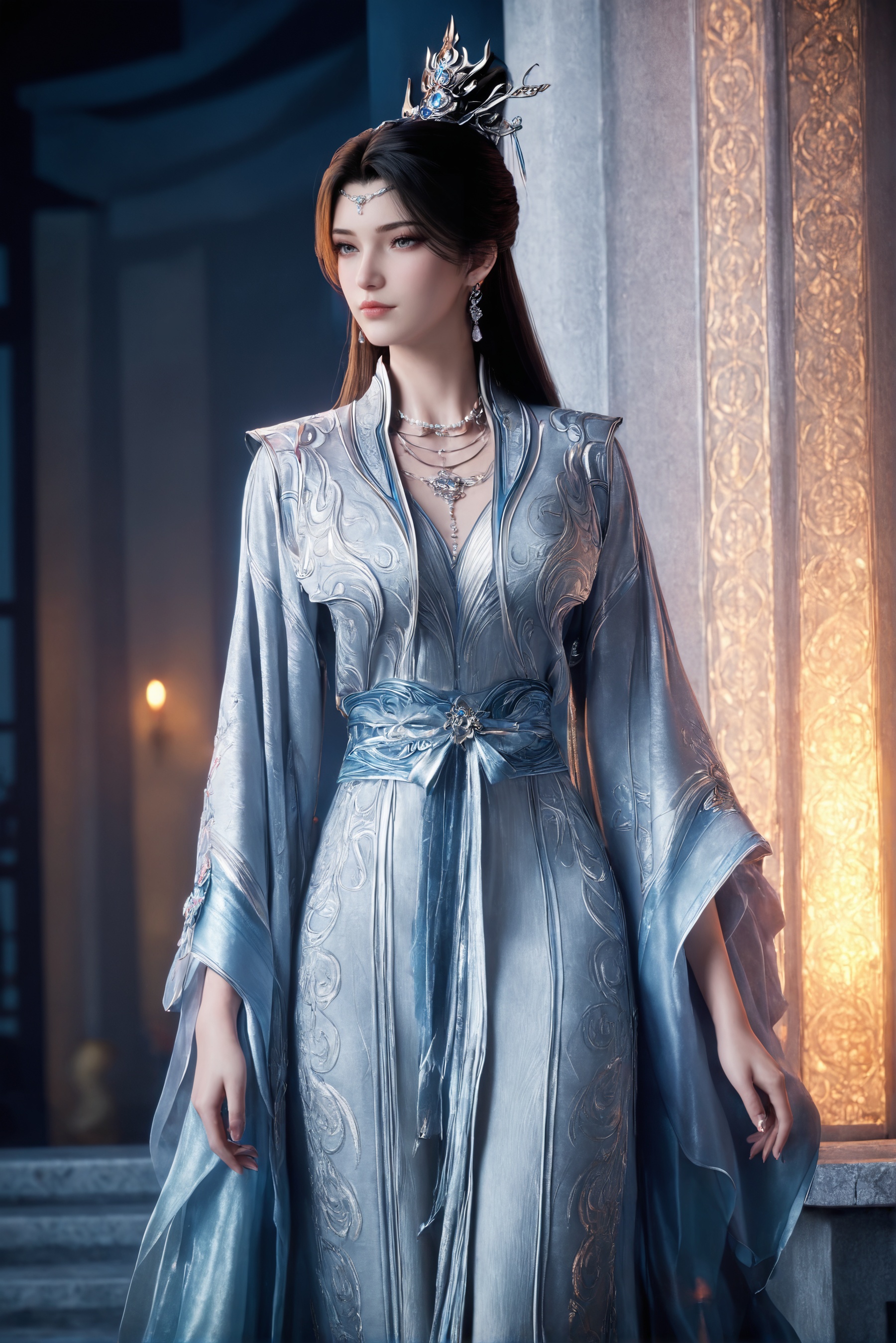 score_9,score_8_up,score_7_up,1girl,solo,3d,ultra-detailed,high resolution,perfect lighting,flawless skin,sharp focus,extremely detailed anatomy,Exquisite Craftsmanship,High-Resolution Beauty,Unparalleled Artistic Quality,masterpiece,best quality,official art,extremely detailed CG unity 8k wallpaper,<lora:李慕婉神临之战:0.7>,chinese clothes,closed mouth,dress,earrings,grey eyes,half updo,jewelry,long hair,necklace,realistic,robe,wide sleeves,
