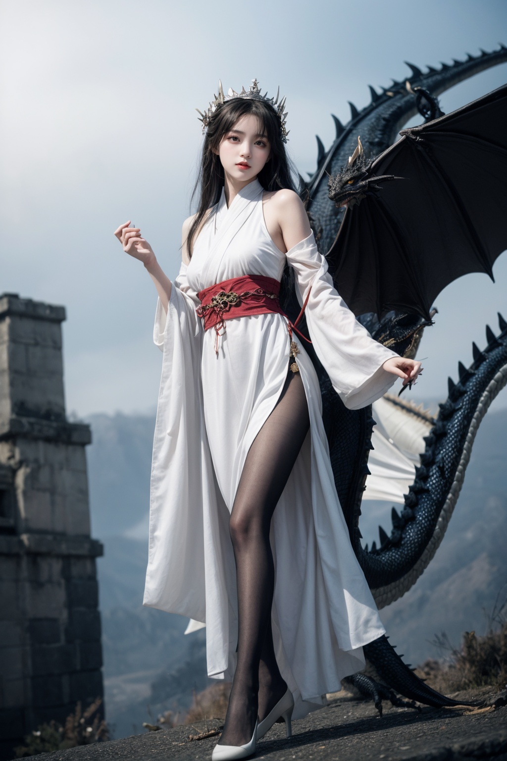 (masterpiece),(best quality),{{see-through legwear}},{{black pantyhose}},{{princess_carry}},(super delicate),(illustration),(extremely delicate and beautiful),(dynamic angle),white and black highlights,(legendary Dragon Queen:1.4)Ã¯Â¼Âˆ1 girlÃ¯Â¼Â‰,Hanfu,(complex details) (beautiful and delicate eyes),white eyes,white pupils,delicate face,full body,messy floating hair,messy hair,focus,(fantasy wind),dragon behind the girl,N,