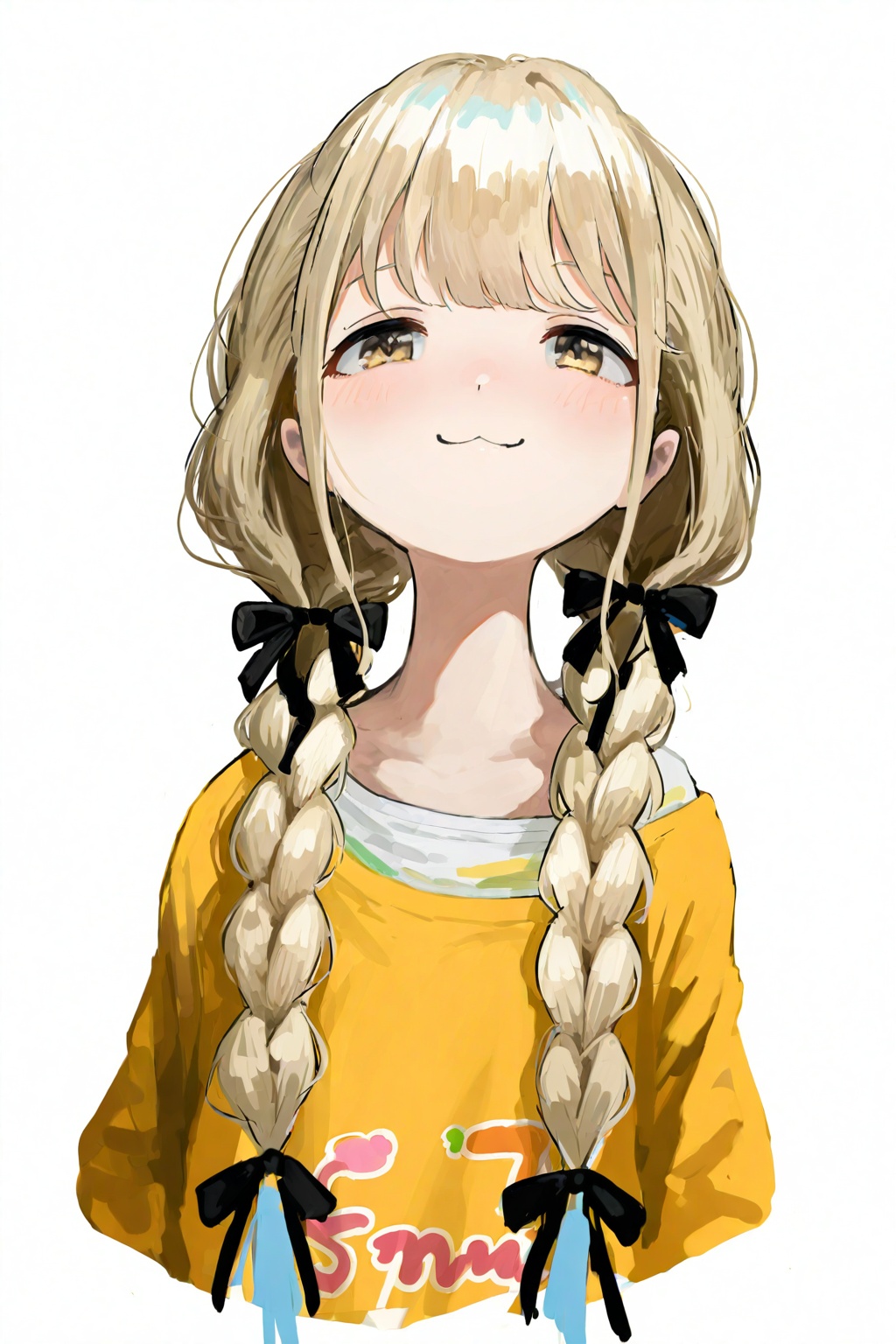 highres,absurdres,Visual impact,masterpiece,amazing quality,best quality,very aesthetic,very awa,newest,<lora:pikuson-Style-000060>,1girl,solo,white background,simple background,shirt,blonde hair,futaba anzu,long hair,bow,braid,hair bow,looking at viewer,upper body,twin braids,yellow shirt,smile,low twintails,hair ornament,blush,black bow,twintails,yellow eyes,closed mouth,:3,jacket,brown eyes,ribbon,cropped torso,hair ribbon,
