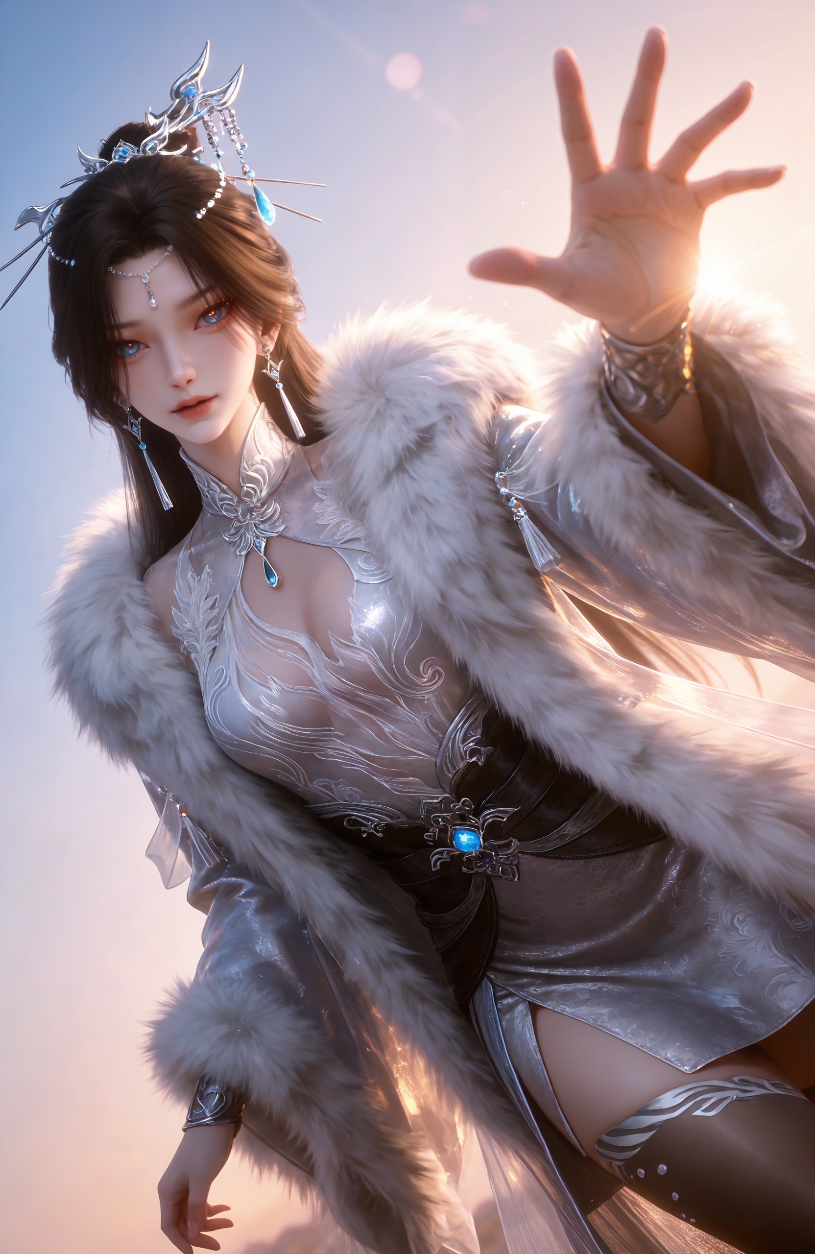 <lora:神墓-南宫仙儿IL:0.7> 1girl, long hair, hair ornament, earrings, brown hair, hair bun, chinese clothes, white dress, pantyhose,black thighhighs, coat, fur trim, long sleeves, cleavage cutout, black footwear,, realistic style photo,outstanding style,Use soft lighting to cast gentle shadows on the subject,adding a touch of dimension to your images without compromising details,whirls of vapor,(Anime:1.1),soft neon light,ethereal ambiance,delicate details,magical atmosphere,concept art,highly detailed,ultra-high resolution,32K UHD,sharp focus,best-quality,masterpiece,golden hour,unconventional supreme masterpiece,masterful details,temperate atmosphere,with a high-end texture,in the style of fashion photography,magazine style,Dynamic Angle,Dynamic posture,magazine style,Dynamic Angle,Dynamic posture,(cowboy_shot:1.2),eye trail,depth of field,cinematic lighting,lens flare,close-up,extreme aesthetic,(wlop:0.6),(honjou raita,lack,rella,wanke:0.5),masterpiece,best quality,good quality,newest,year 2025,very aesthetic,absurdres,Visual impact,A shot with tension,ultra-high resolution,32K UHD,sharp focus,best-quality,masterpiece,Emotionalization,unconventional supreme masterpiece,masterful details,temperate atmosphere,with a high-end texture,in the style of fashion photography,(Visual impact:1.2),giving the poster a dynamic and visually striking appearance,, solo,upper body,looking at viewer,gradient background,gradient,blue background,black background,