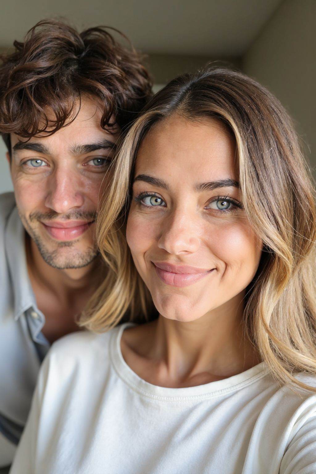 This is a photograph of a young couple posing for a selfie indoors. The woman,  with long blonde hair,  wears a white boat...