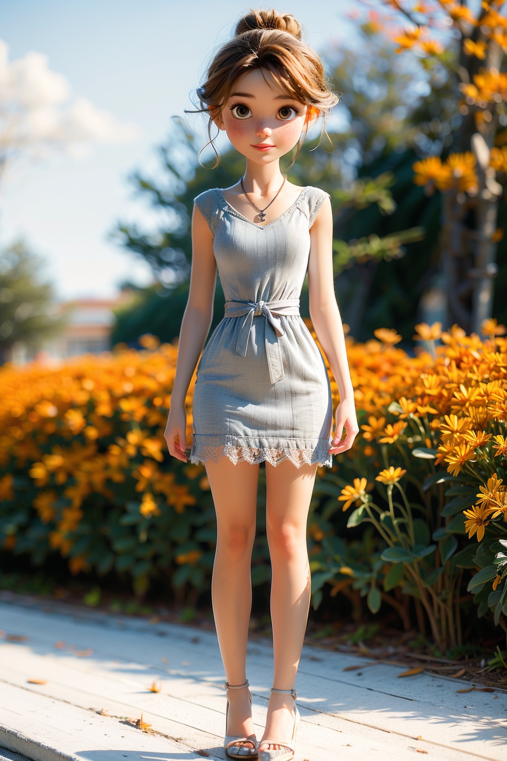 <lora:4:1>,Realistic,masterpiece,highest quality,high resolution,extreme details,1 girl,solo,bun,headdress,delicate eyes,beautiful face,shallow smile,delicate necklace,suspender dress,white lace dress,light gauze,snow-white skin,delicate skin texture,silver bracelet,pantyhose,high heels,elegant standing,outdoor,blue sky,white clouds,flowers,flowers,grass,movie light,light,light tracking,(Nikon AF-S 105mm f / 1.4E ED),