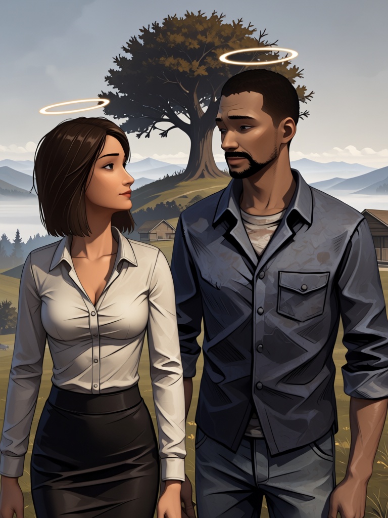 A large tree on the hilltop above clouds. A log cabin on hillside. They have two halos above their heads. hetero,  couple,...
