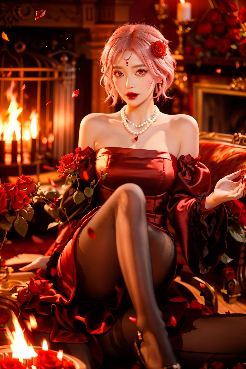blurry background,local blur,air expansion,air manipulation,fire-rose,rose petals,warm light,fire light,night,fireplace fire,fire,flame,candle in cage,flying sparks,spark,particle effects,flying rose petals,roses,bridal gauntlets,backless outfit,bare shoulders,rdssd-red-detached-sleeves-sleeve-dress,1girl,necklace,pink hair,jewelry,solo,flower,rose,detached sleeves,forehead mark,petals,looking at viewer,strapless,red flower,facial mark,short hair,red lips,holding,red rose,strapless dress,red nails,red eyes,stairs,nail polish,blurry,breasts,pearl necklace,makeup,pantyhose,sitting,indoors,holding flower,lipstick,lips,bouquet,parted lips,roses background,<lora:fire-rose:0.6>,