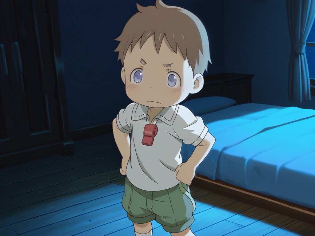 <lora:MIA_Nate+Reg_XL:1>,Made in abyss,best quality,best detail,masterpiece,male focus,bedroom,night,1boy,solo,(toddler:1.2),petite,bright brown hair,very short hair,dark blue eyes,red flute hanging the neck,white school uniform,shorts,correct eyes,socks,standing,hands_on_hips,serious,light_blush,perfect hands,(5fingers:1.5),correct anatomy,(realistic:1.2),full_shot,available light,huge filesize,