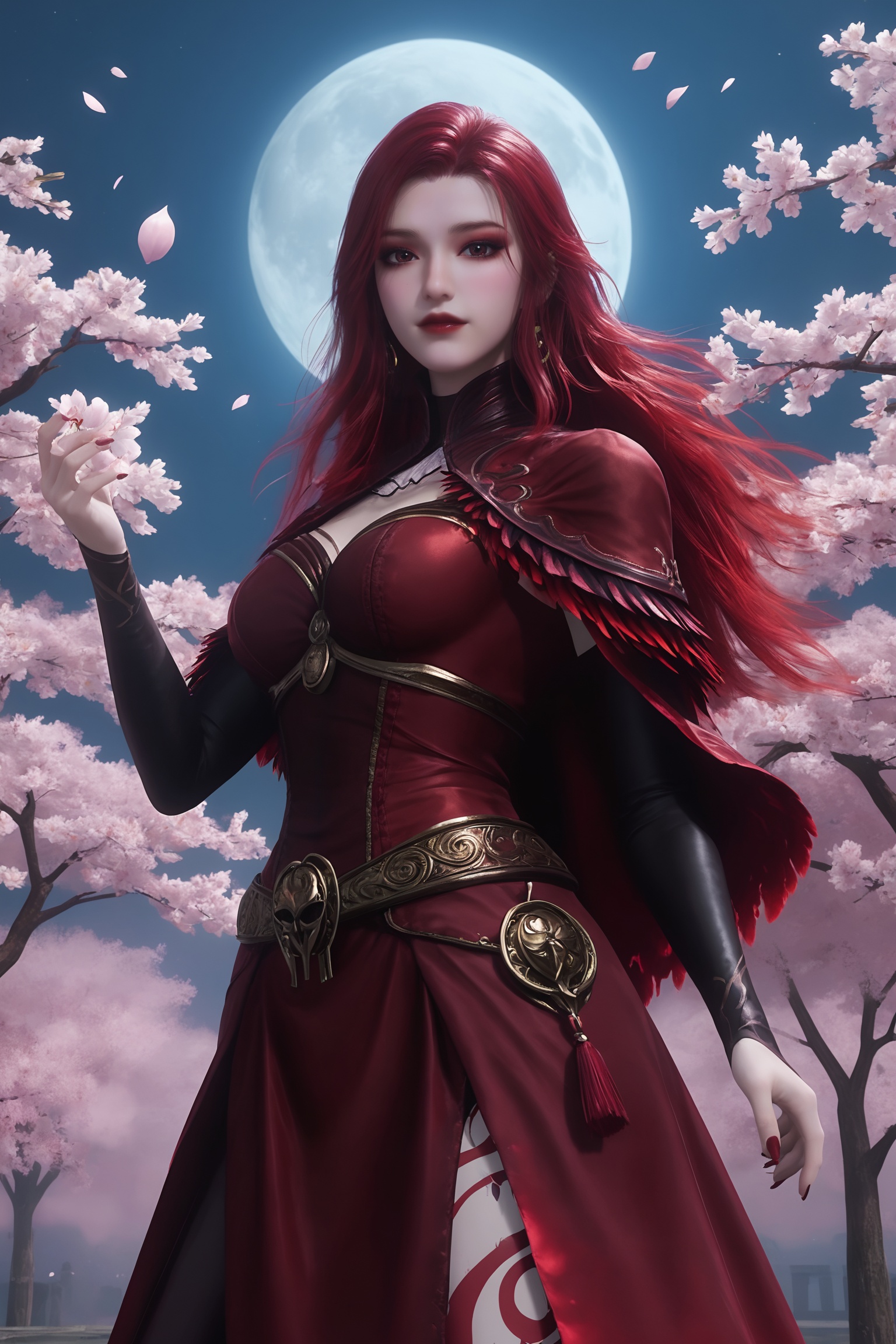 masterpiece,best quality,solo,1girl,upper body,petals,looking at viewer,moon,branch,cherry blossoms,flower,extreme aesthetic,(quasarcake:0.7),masterpiece,best quality,good quality,newest,very aesthetic,absurdres,A shot with tension,(Visual impact,giving the poster a dynamic and visually striking appearance:1.2),impactful picture,offcial art,colorful,splash of color,movie perspective,<lora:斗罗2-马小桃圣女Pony:0.6>,1girl,striking,long,wavy red hair,dark eyes,dark maroon,form-fitting gold accents dress,high-necked,cinched waist,long sleeves,full skirt,