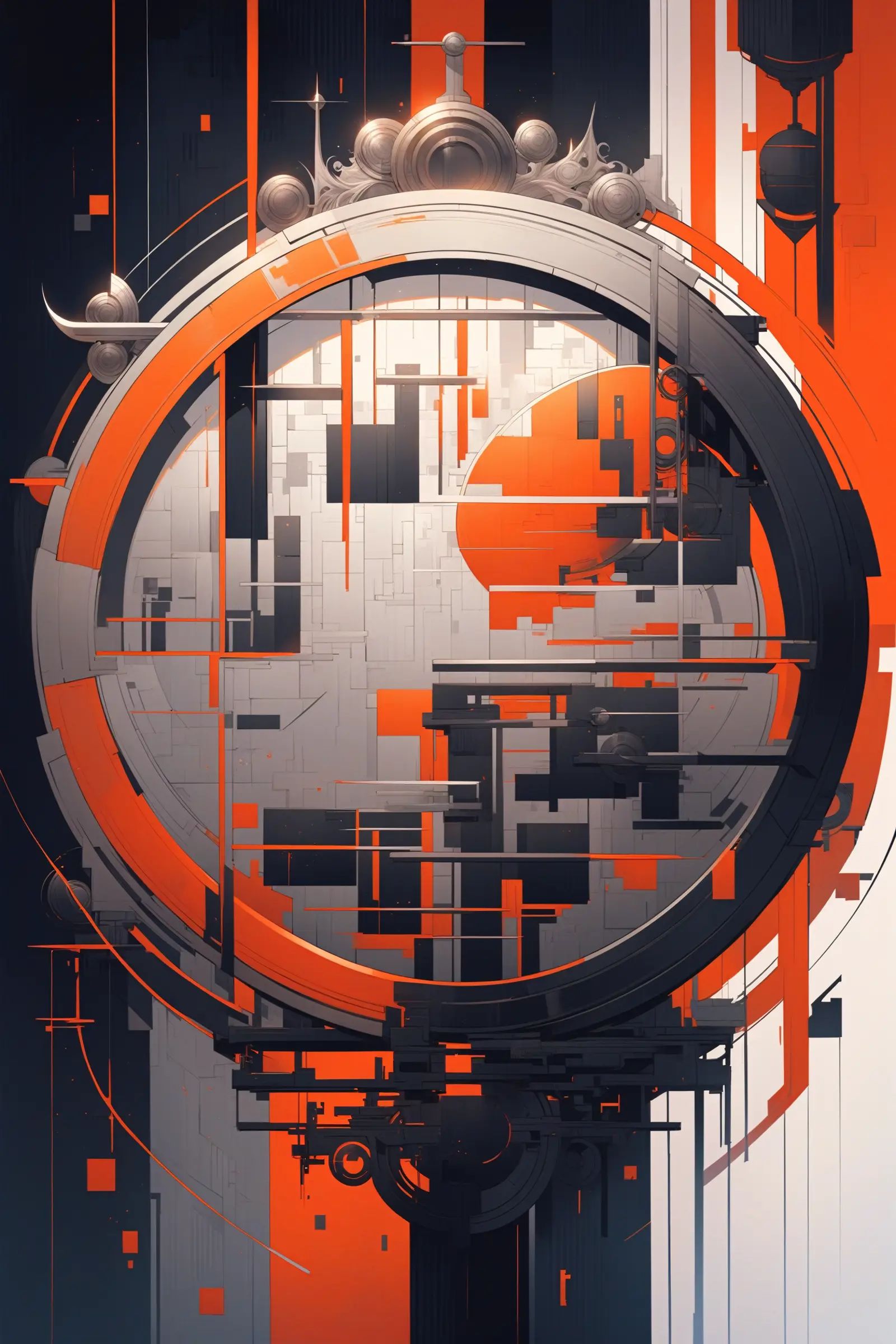 the painting is colored in orange,  black and yellow,  in the style of complex compositions on Tensor.Art