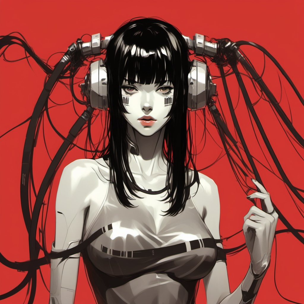 gzly,1girl,solo,red background,black hair,bangs,long hair,simple background,looking at viewer,upper body,blunt bangs,parted lips,bare shoulders,barcode,science fiction,breasts,<lora:jjnh-000008:0.8>,