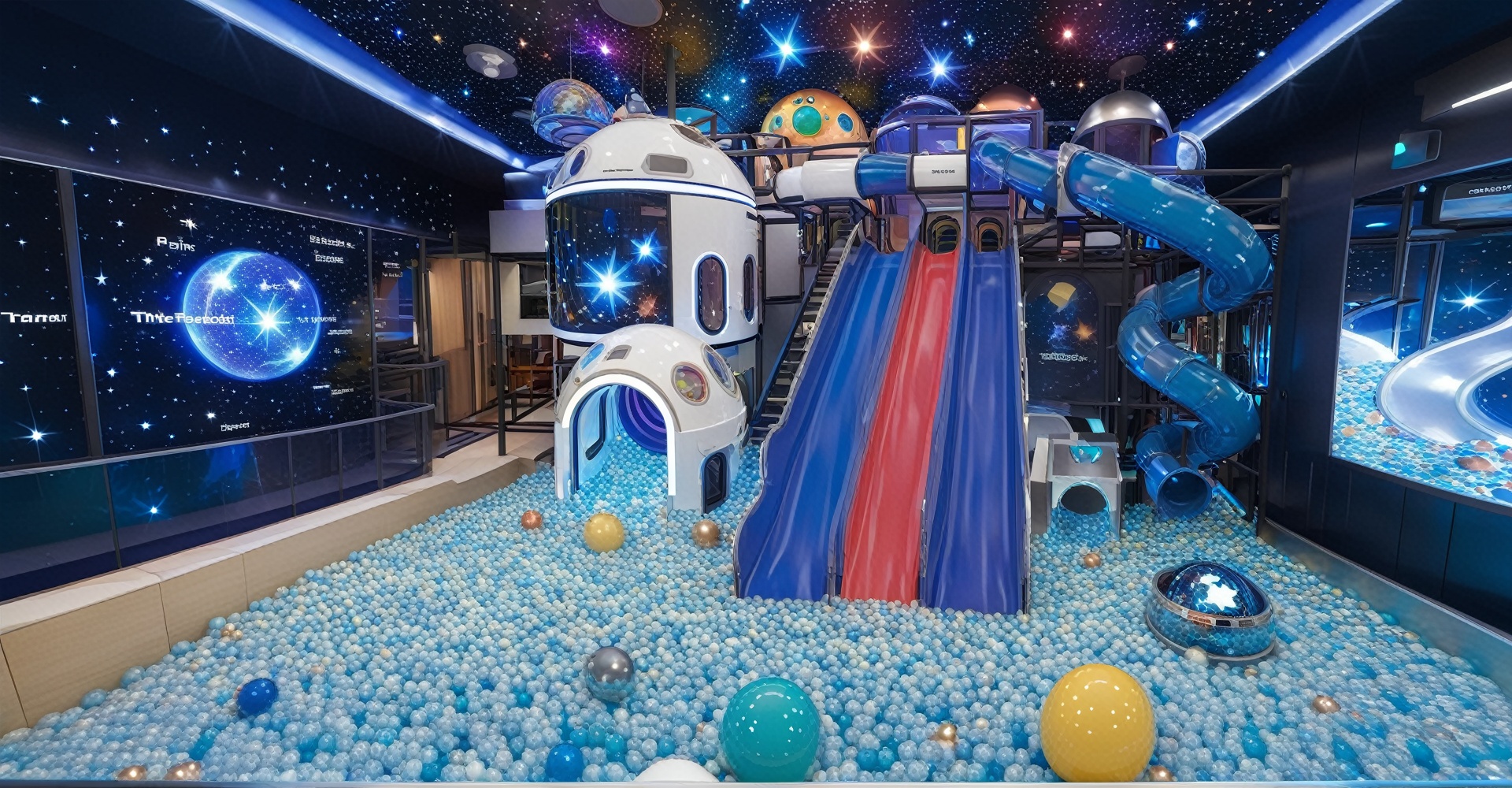 cinematic photo (8k, RAW photo, best quality, masterpiece:1.2),(realistic, photo-realistic:1.37),ultra-detailed,professional lighting,photon mapping,radiosity,physically-based rendering,<lora:淘气堡(2):1>,an indoor playground,Sci-fi futuristic styleSlide:The slide is designed to resemble a streamlined spaceship, using silver and blue metallic materials.LED light strips are embedded in the inner wall of the slide. The lights will flicker and change when sliding, creating a feeling of traveling through the stars.Ball Pool:The balls in the ball pool are designed as glowing planet models, in different colors and sizes, with tiny star patterns on the surface.There is a transparent acrylic plate at the bottom of the ball pool, and there is a starry sky projection under the plate, making you feel like you are in the universe.Framework:The frame is made of metal and transparent glass, and an interactive touch screen is installed on the frame to display cosmic knowledge and space exploration content.There is a suspended planet model inside the frame, and LED light strips are installed along the edge of the frame, creating a technological atmosphere.Decoration:The walls and ceilings are decorated with a starry sky background, using fluorescent paint to depict galaxies and nebulae.There are hanging planet models and starships, and some of the decorations can be interactive, such as making sounds or lighting effects. . 35mm photograph, film, bokeh, professional, 4k, highly detailed