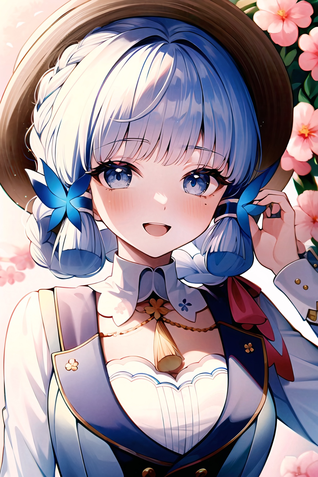 (masterpiece, best quality:1.2),insanely detailed,absurdres,ultra-highres,ultra-detailed,best quality,slender,kawaii,perfect symmetrical face,ultra cute girl,ultra cute face,ultra detailed eyes,ultra cute,ultra beautifu,<lora:kamisato ayakaV2-000006:1>,kamisato ayaka \(springbloom missive\),kamisato ayaka,1girl,solo,smile,grey eyes,:d,hat,hair ornament,long sleeves,flower,blush,looking at viewer,jacket,pink flower,braid,open mouth,hair rings,hair flower,shirt,arm up,hand up,breasts,lolita fashion,butterfly hair ornament,neck ruff,