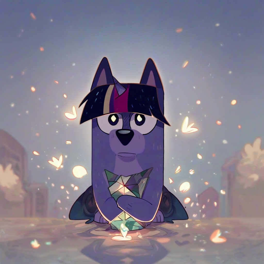 safe_pos, score_9, score_8_up, score_7_up, score_6_up, score_5_up, score_4_up, source_furry, hi res, blurred background, particles, solo, Twilight Sparkle, looking at viewer, closed mouth, Bluey style