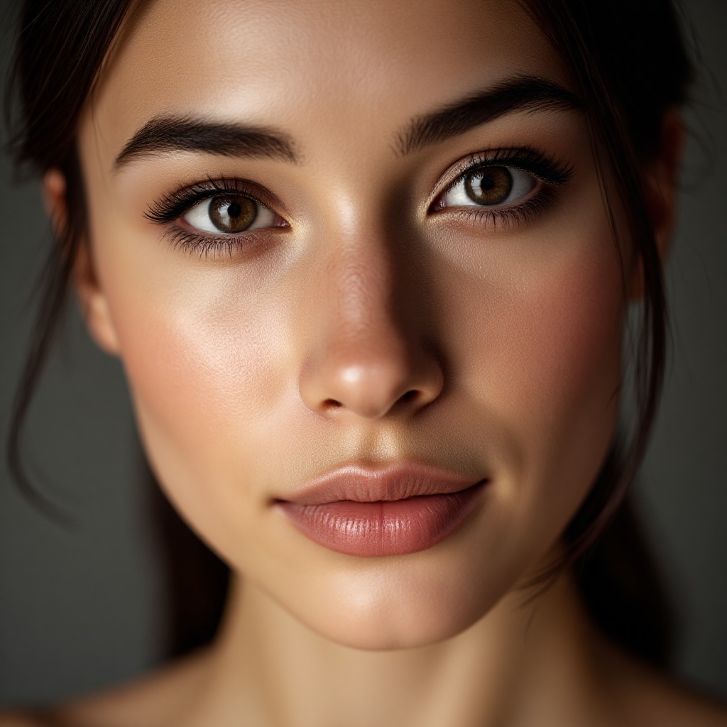 A surreal close-up portrait of a 20-year-old woman looking straight into the camera with a calm and confident expression. Smooth skin,clean skin. 