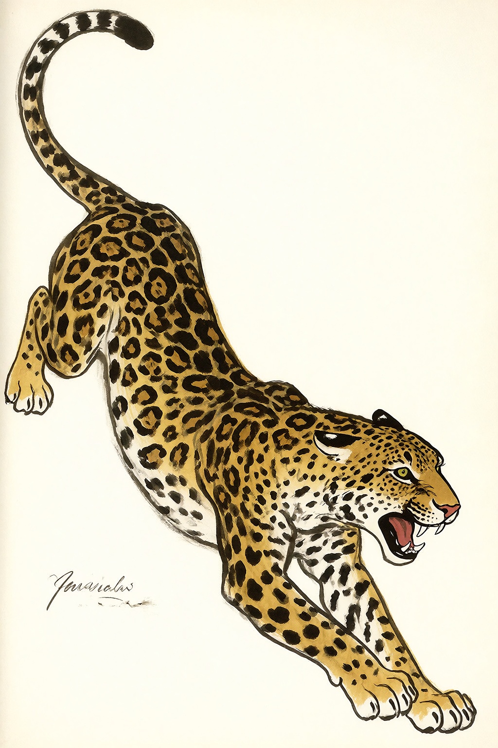 fashion illustration in the manner of René Gruau,  a sleek black leopard stretching elegantly,  defined by confident fluid...
