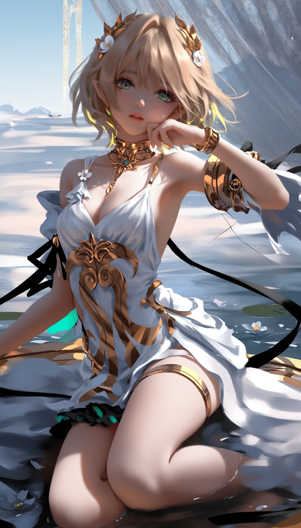 <lora:阿格莱雅noob:1>,aglaea,a girl named aglaea,1girl,white dress,cleavage,bare shoulders,parted lips,looking at viewer,bracelet,laurel crown,flower,gold choker,sleeveless dress,detached sleeves,thigh strap,collarbone,year 2024,(sheya:0.2),(ooo_wange:1),(wlop:0.99),rurudo,(fuzichoco:0.0),, very awa,very as2, best quality, masterpiece, best quality, absurdres, highres,newest