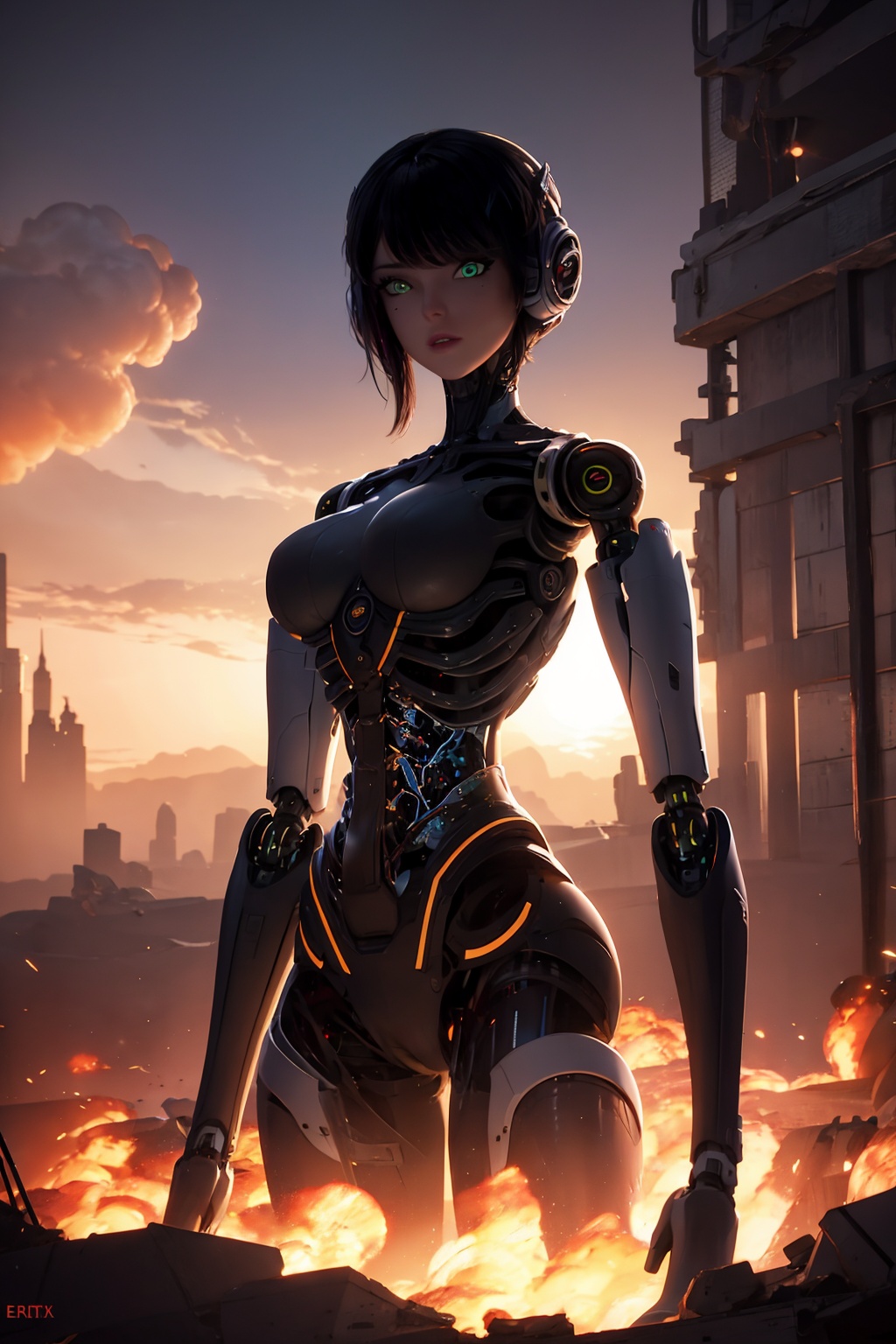 ash,1girl,green eyes,android,black hair,looking at viewer,robot joints,solo,breasts,mechanical parts,short hair,joints,cyborg,blurry background,lips,medium breasts,science fiction,cyberpunk,bangs,cable,depth of field,desolate,ruins,war,smoke,apocalypse,guns,fight,dusk,outdoor,sunset,broken bridges,destroyed cities,