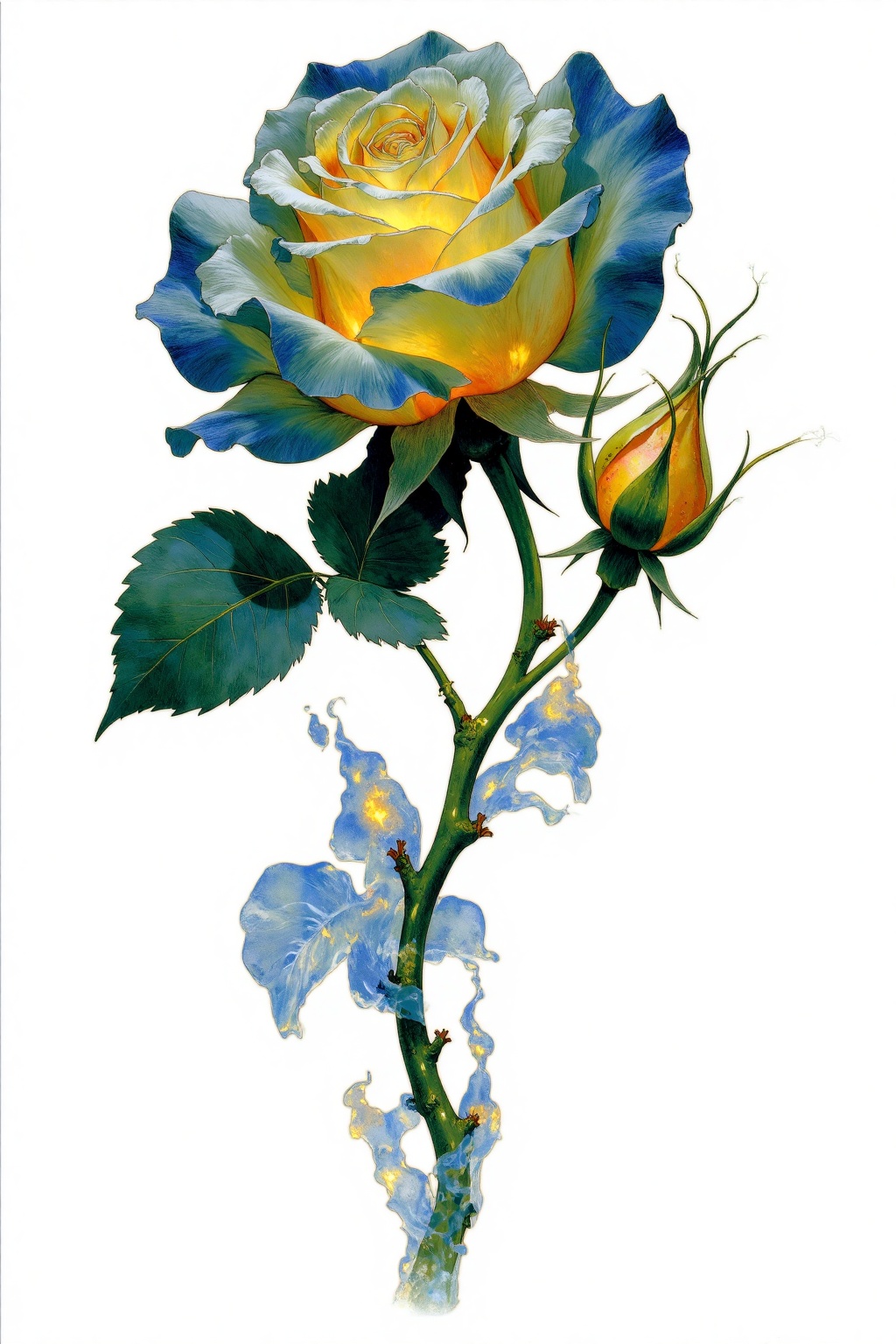 beijihui,a detailed detailed painting of a yellow rose with a green stem and green leaves. The rose is adorned with a yellow bud and a green leaf. The background is a stark white,creating a stark contrast to the vibrant colors of the painting. The painting is composed of a deep blue hue,adding a pop of color to the composition. The stem,adorned with water droplets,adds a touch of depth to the scene. In the bottom right corner of the frame,a watermark can be seen.,