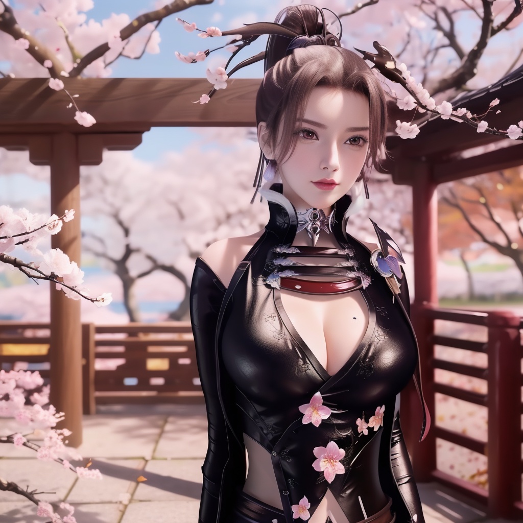 <lora:万界至尊-李雪衣-皮衣:0.8>, (,1girl, ,best quality, ),looking at viewer,  ,ultra detailed 8k cg,ultra realistic 8k cg, ,masterpiece, (( , )),, ,science fiction,mole, ,    ,(,cherry blossoms, autumn leaves,perfect cherry blossom,   ), (cleavage),,
